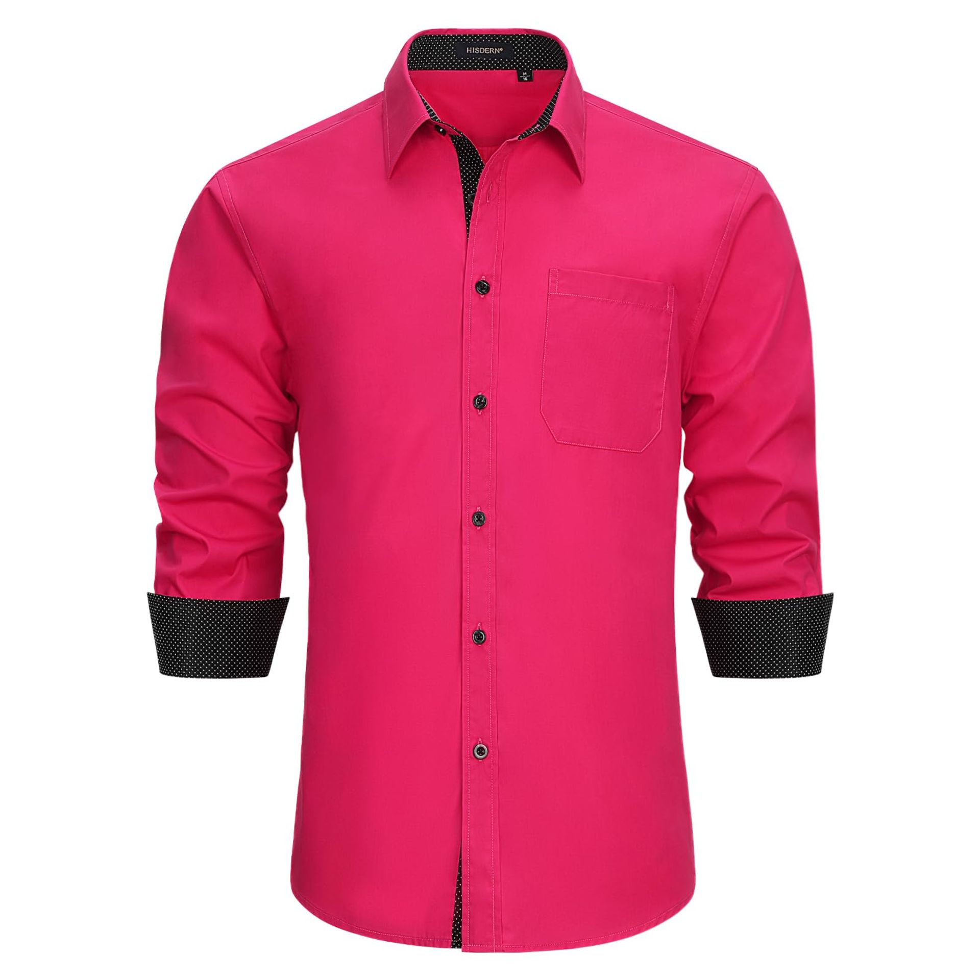 Men's Long Sleeve Dress Shirt Regular Fit Formal Button Up Shirt by HISDERN - Hot Pink XL