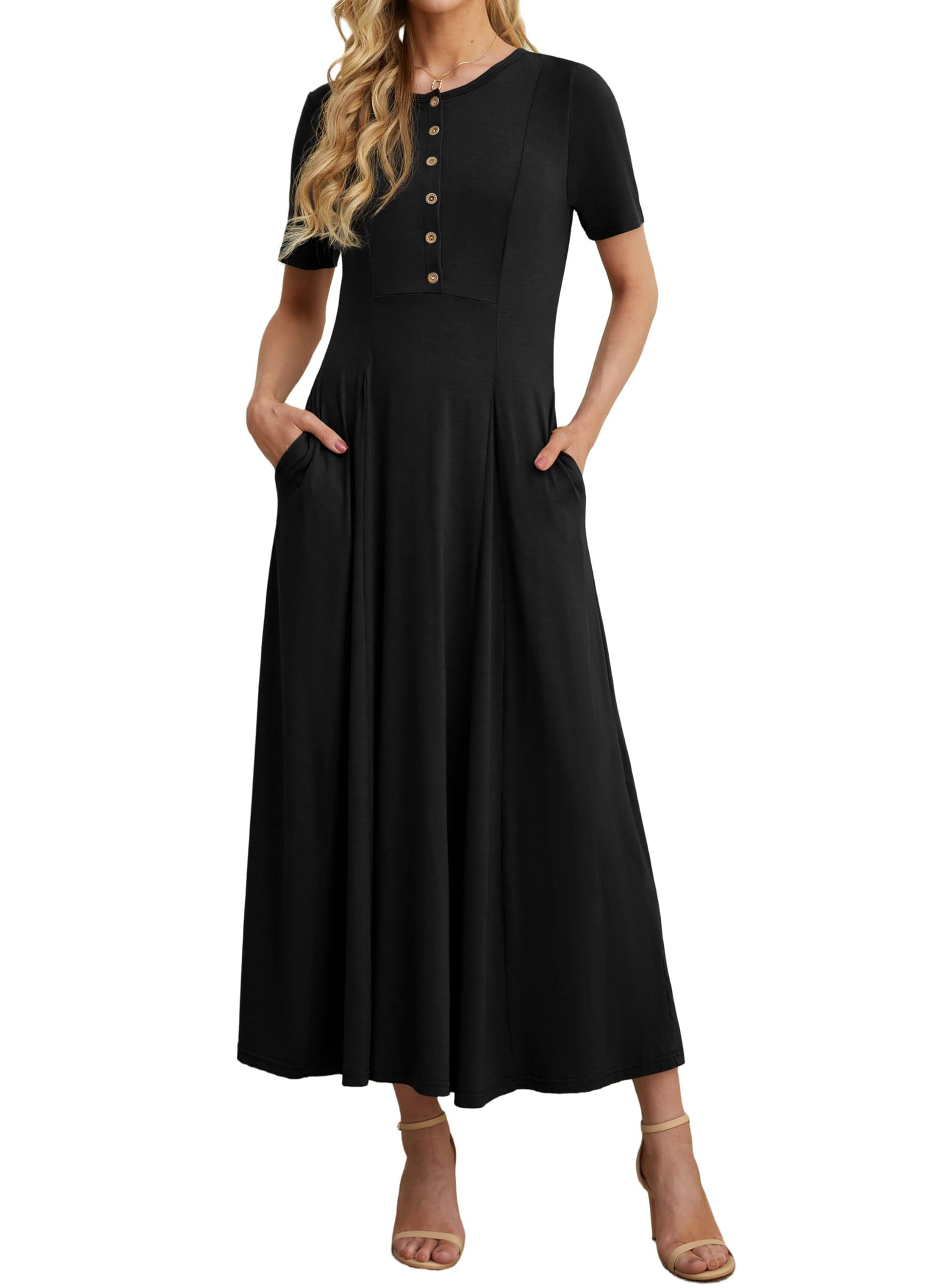Women's Summer Maxi Dress Casual T-Shirt Style with Pockets Button Round Neck Short Sleeve - Black L