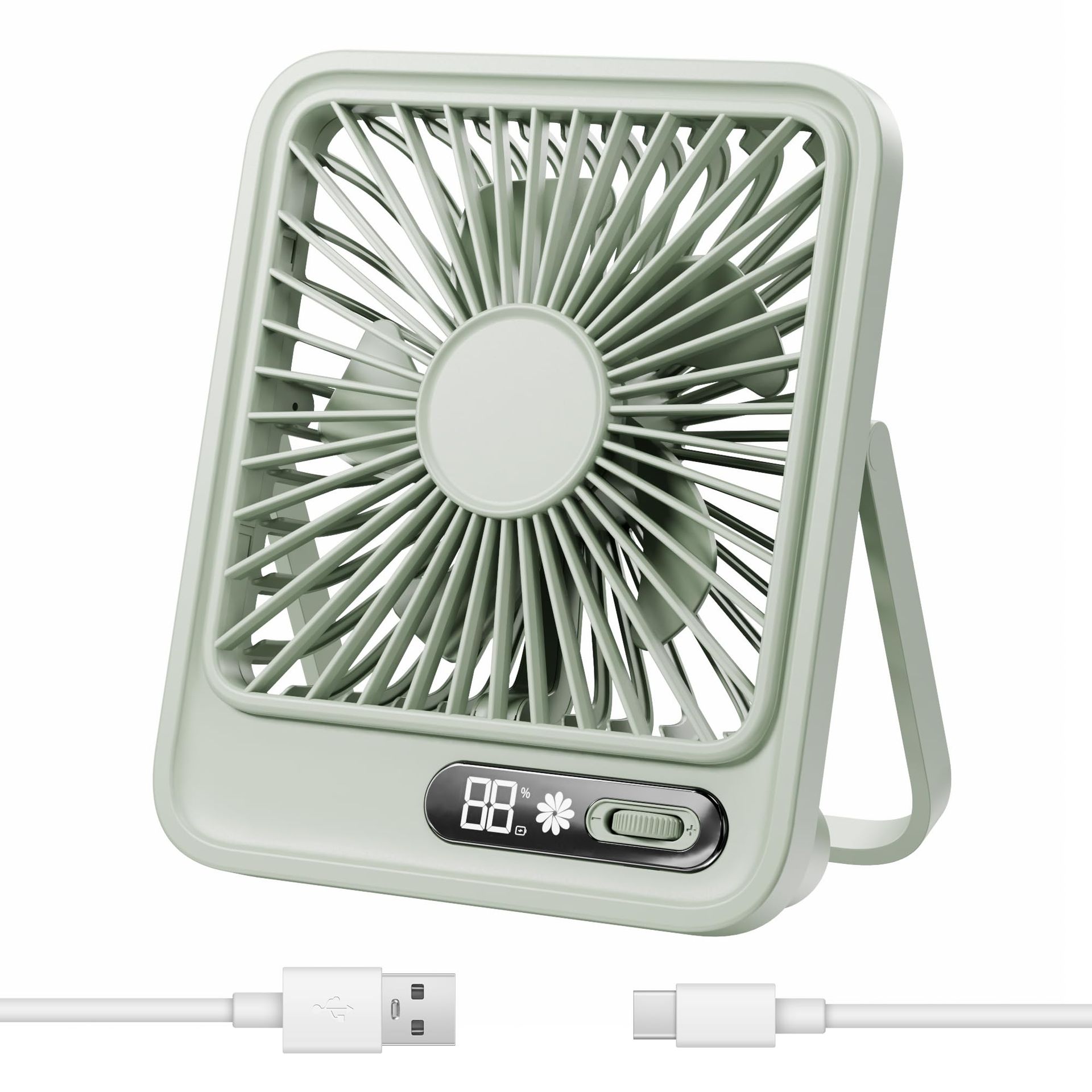 CURCOSA Portable Desk Fan, 1-100 Stepless Speed Rechargeable Battery Table Fans with USB-C Charging & LED Display, 180°Adjustable Mini Cooling Fan for Home Office Bedroom Outdoors, Green