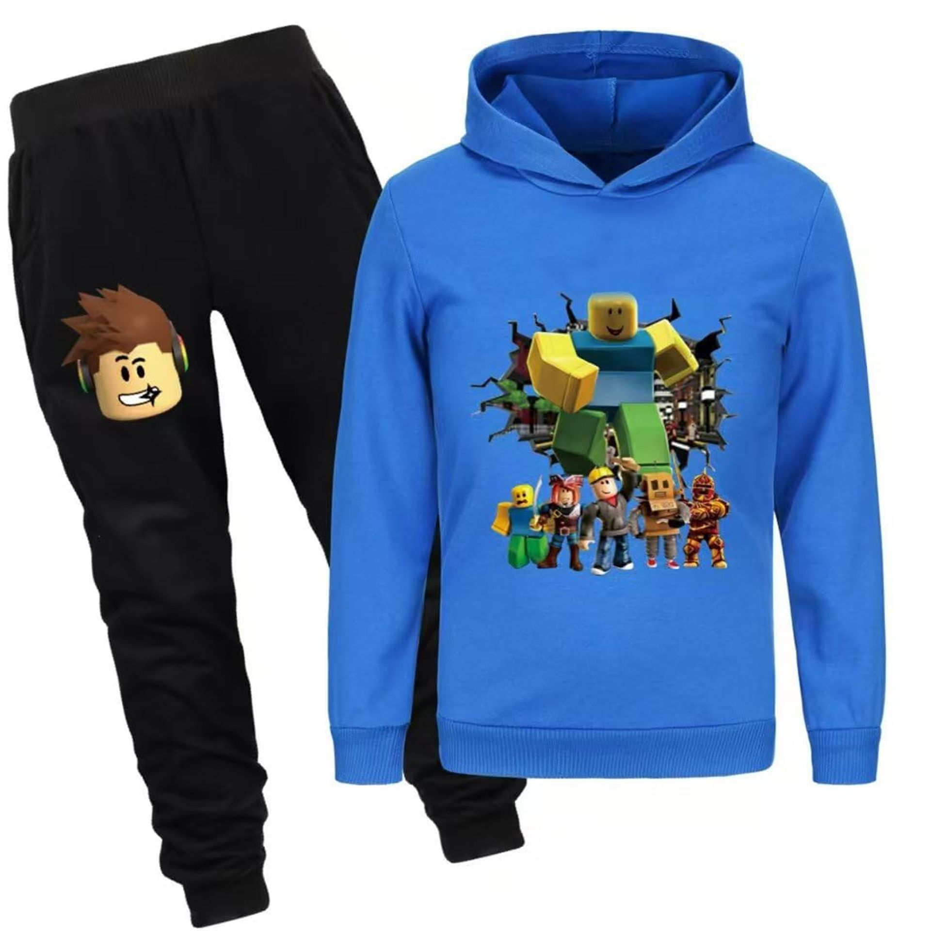 Kids 2-Piece Hoodie and Trousers Set Soft Cotton Cartoon Game Design Casual Sportswear Outfit 5-12 Years - Blue A 7-8 Years