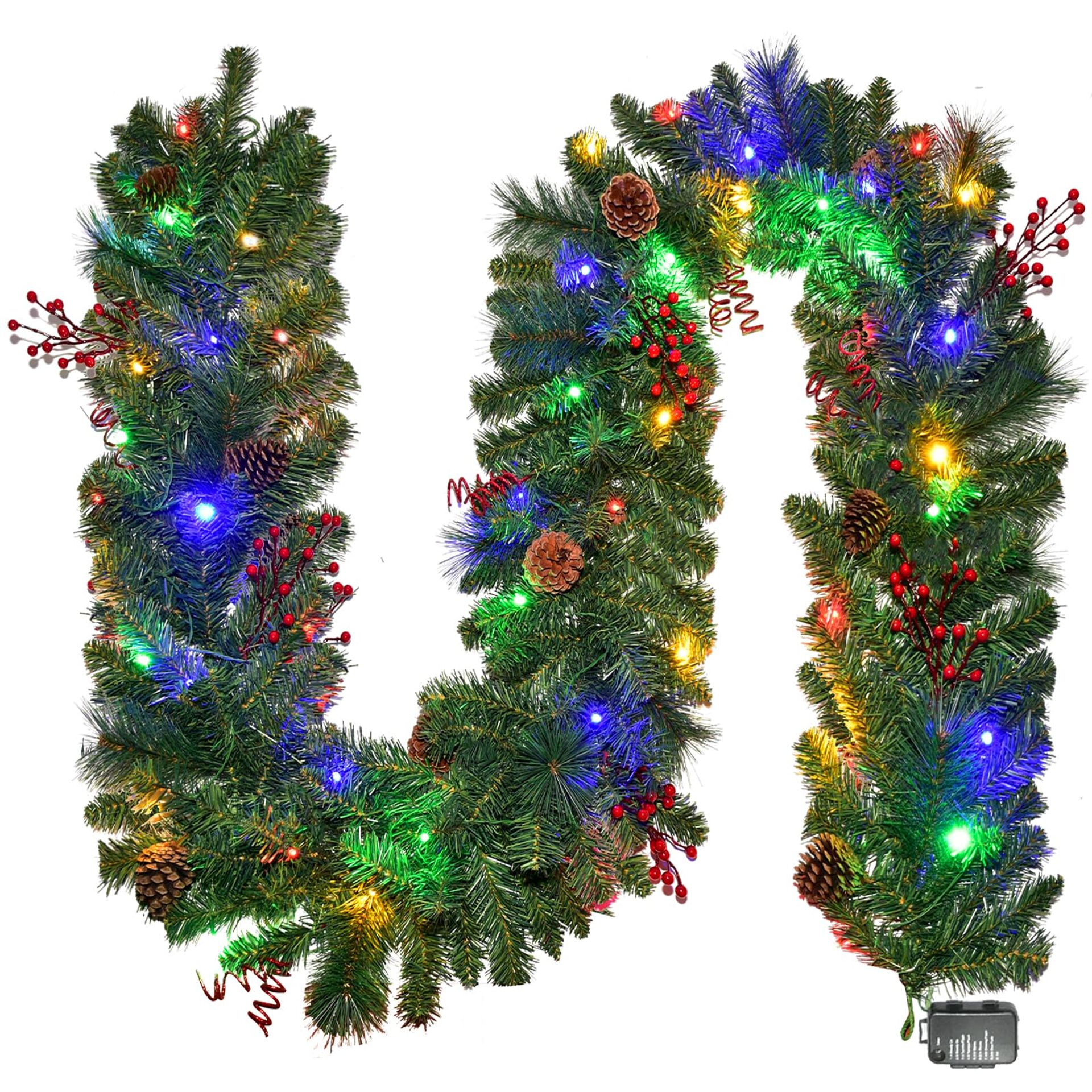9ft Christmas Garland with LED Lights & Pine Cones - Battery Operated, 8 Modes, Red Berries - Festive Decoration for Stairs & Doorways