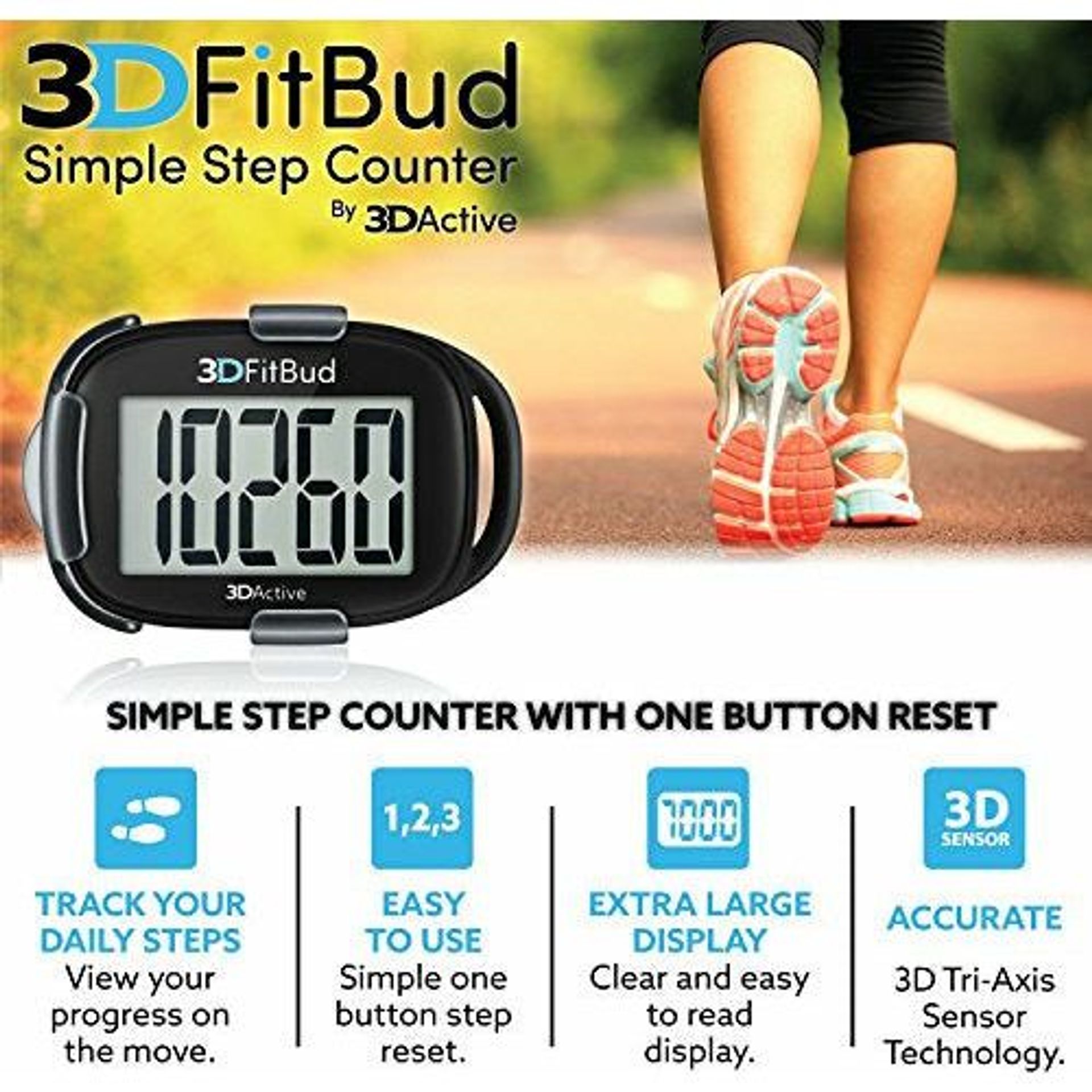 Podomètre 3D FitBud A420S – Noir, Avec Clip Et Cordon, Neuf