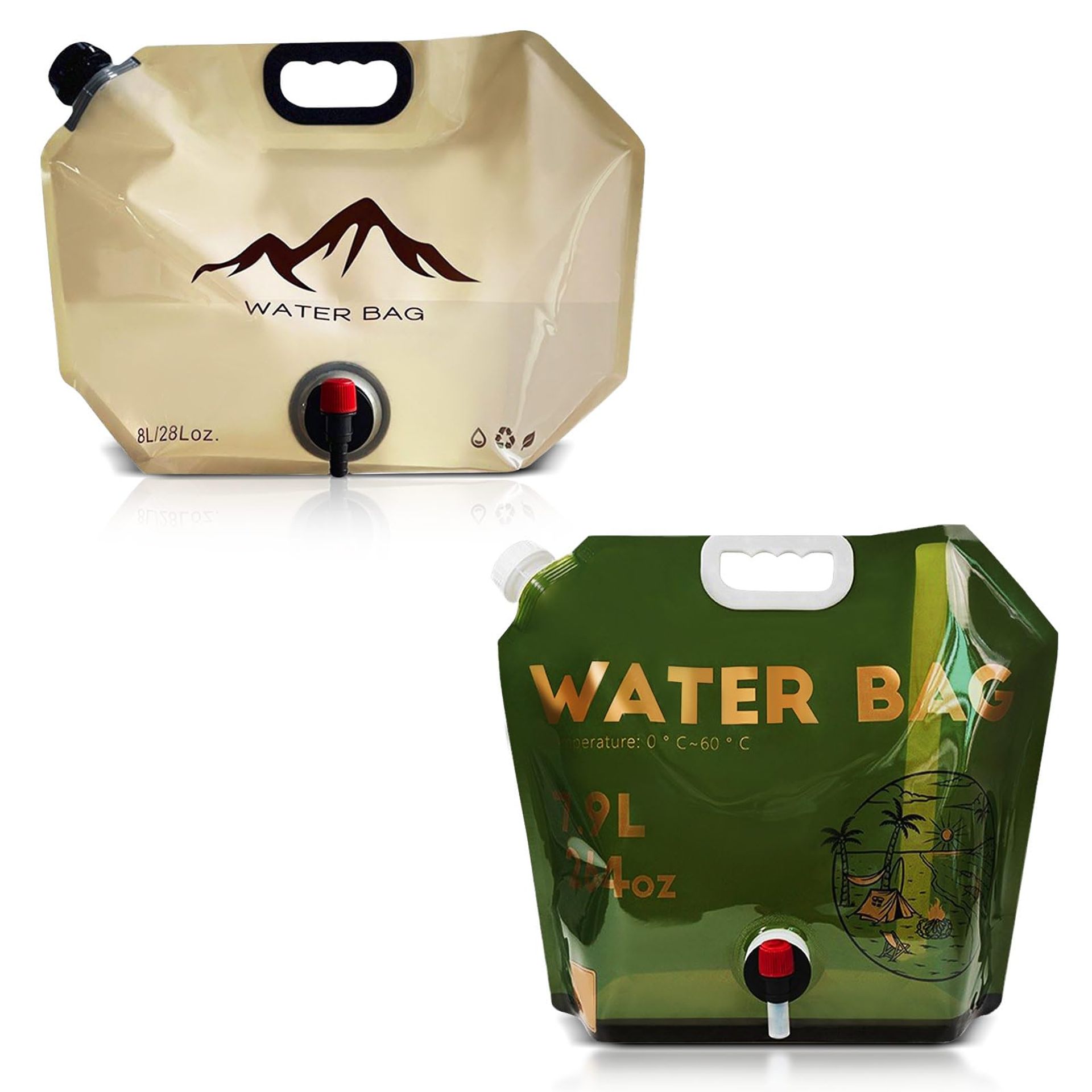 8L Collapsible Camping Water Container Bag with Spigot - Green/Khaki