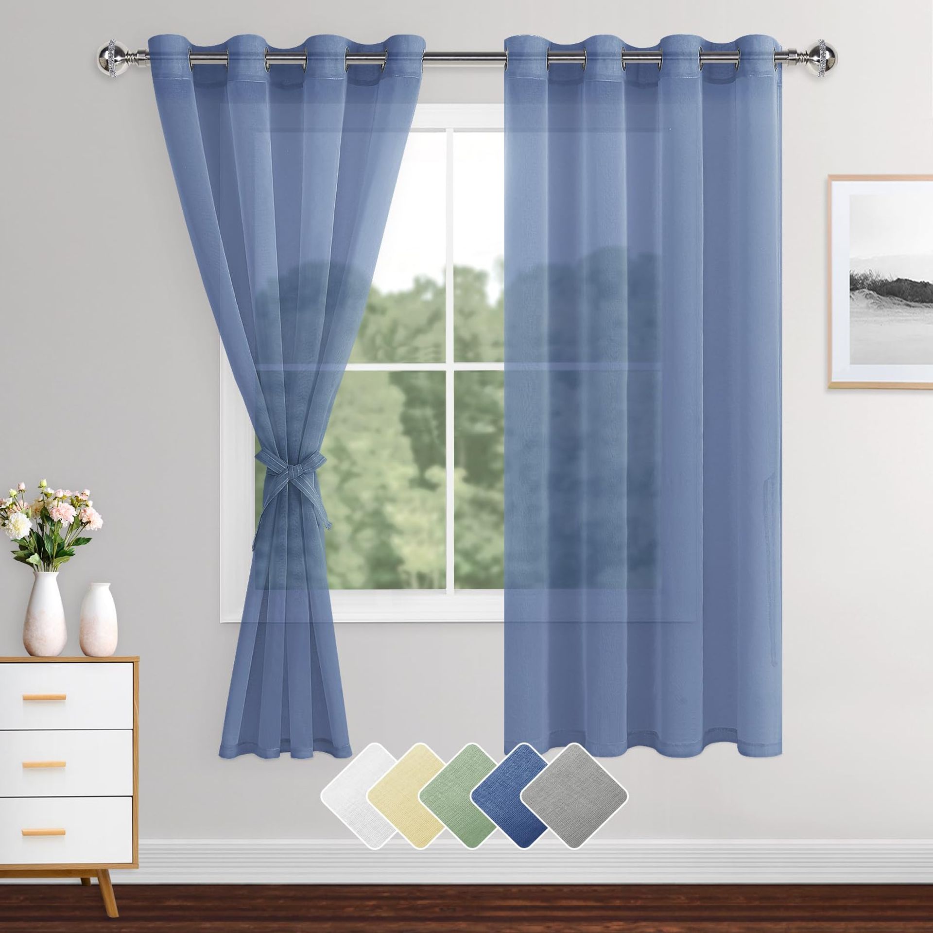 XWZO Sheer Curtains 2 Panels Linen Look Voile Curtains Semi Transparent Grommet Tieback Window Curtains for Bedroom,Light Filtering,Airy & Breathable Voile Drapes,Haze Blue,W55*L63