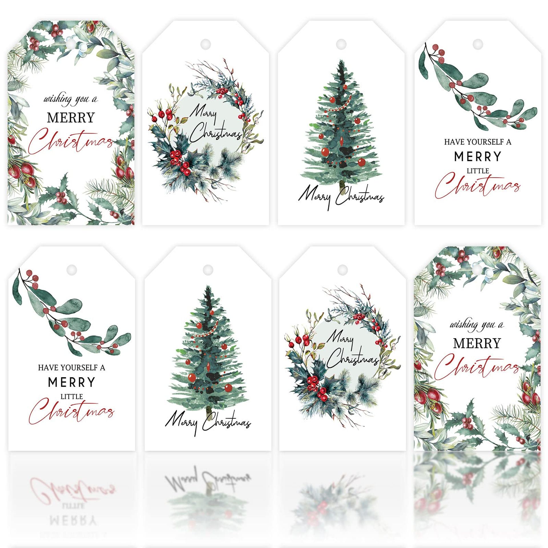 Christmas Gift Tags 100pcs with 30m Hemp Rope Watercolour Plant Designs Labels for Festive Wrapping and Parties - Green Red 5.1x8cm