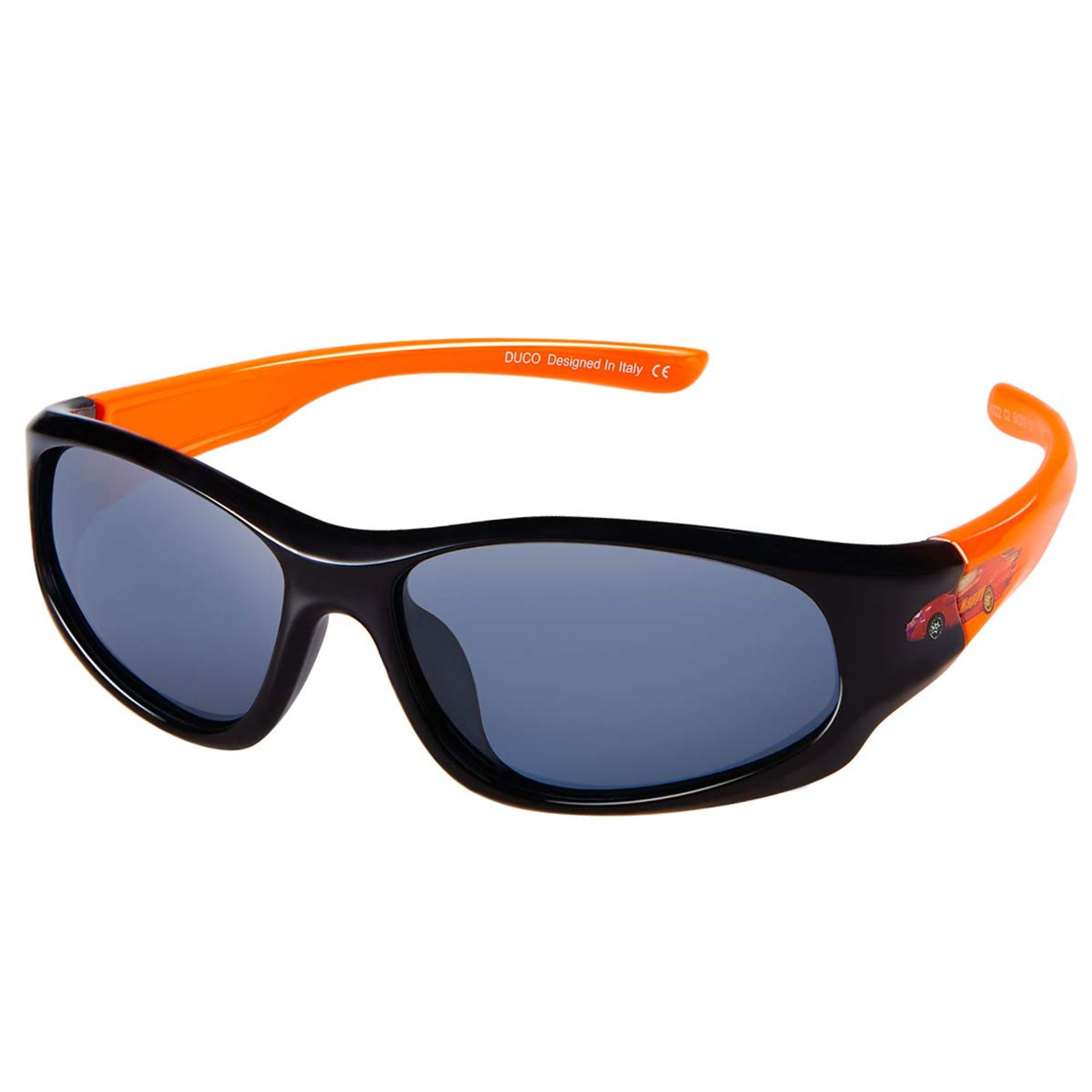 Kids Polarised Sports Sunglasses Flexible Rubber Frame UV400 Protection - Black Frame Orange Temple 55