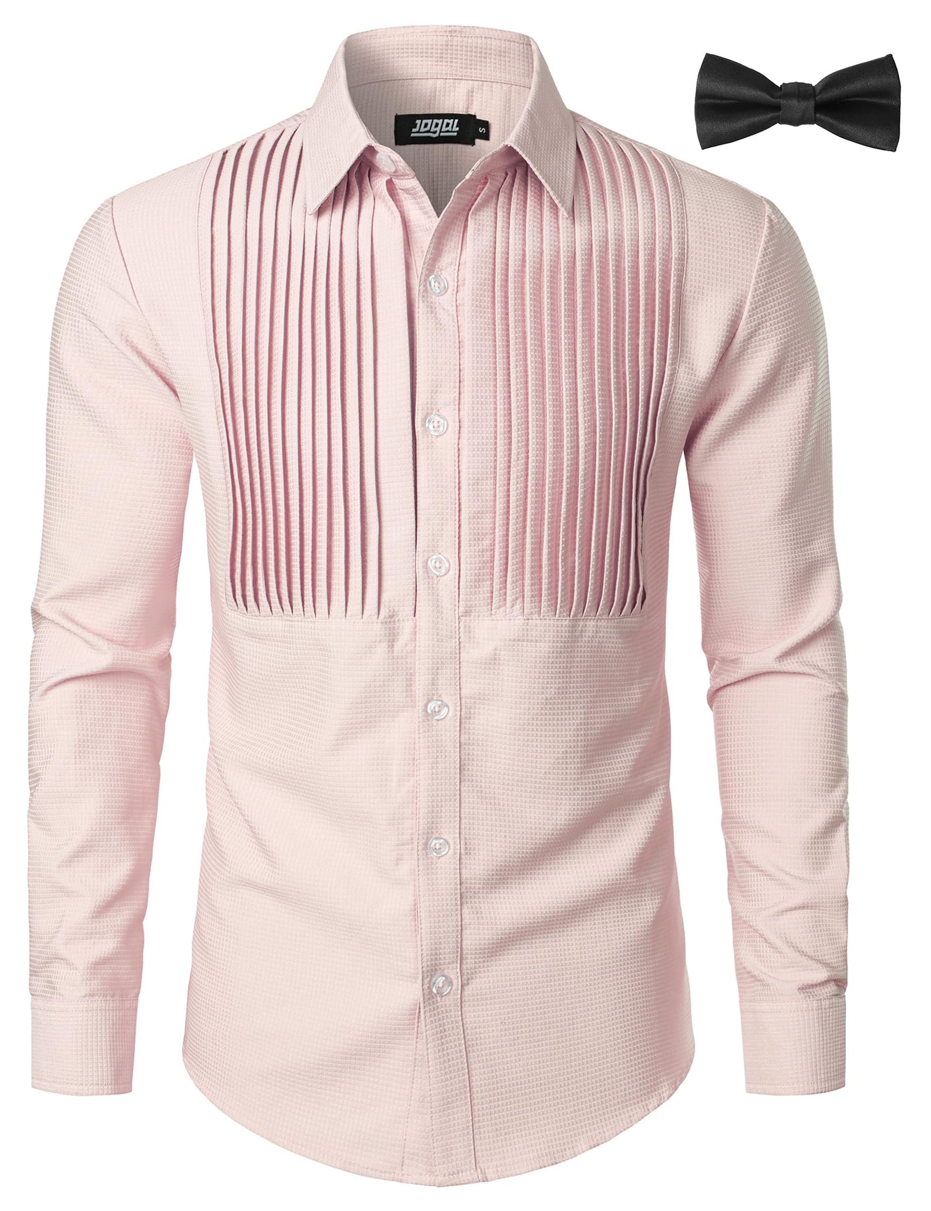 Men's Pleated Tuxedo Shirt with Bow Tie – Formal Dress Shirt, Long Sleeve, Pink XL