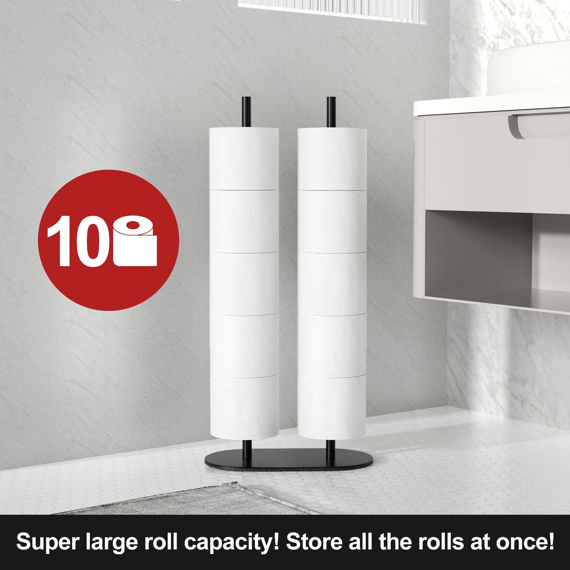 Freestanding Toilet Paper Holder – Black, Holds 5 Rolls, Heavy 6.7" Base, Stainless Steel, Rustproof, No Drilling, For Bathroom, RV, Apartment