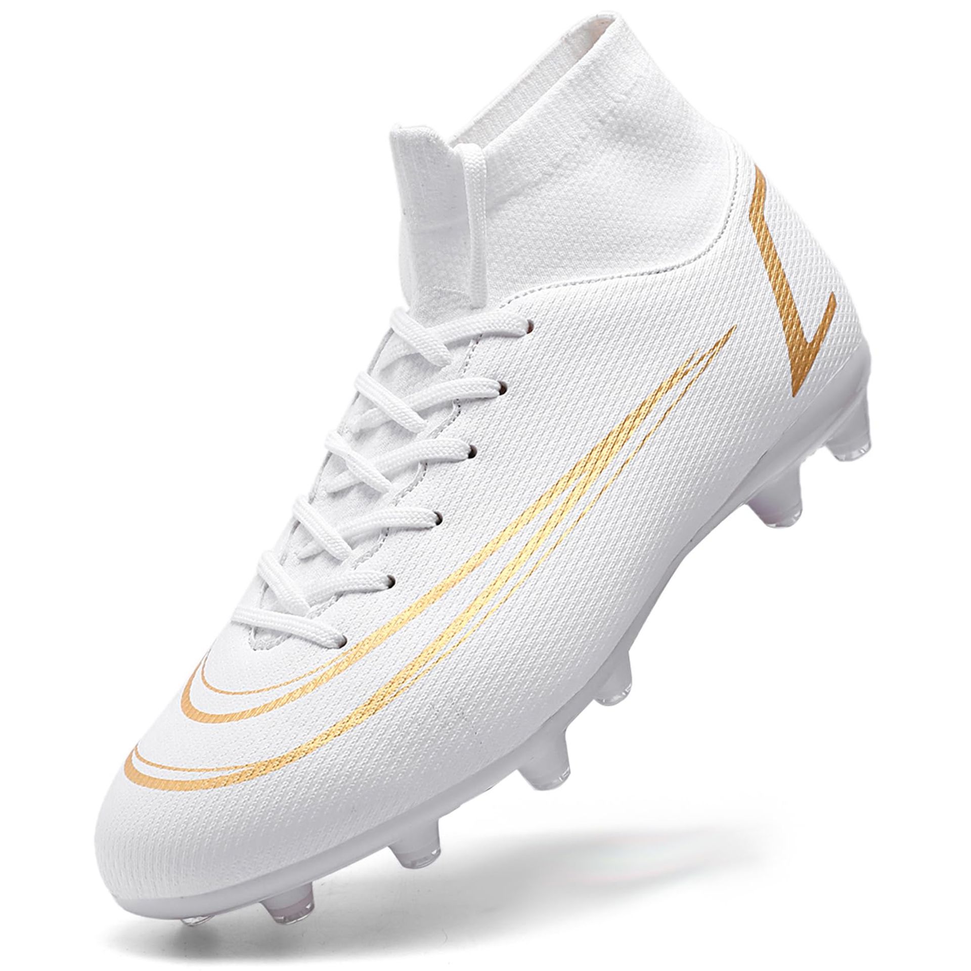 Men's Football Boots Astro Turf Trainers High-Top Cleats Outdoor Soccer Shoes - White 6.5 UK