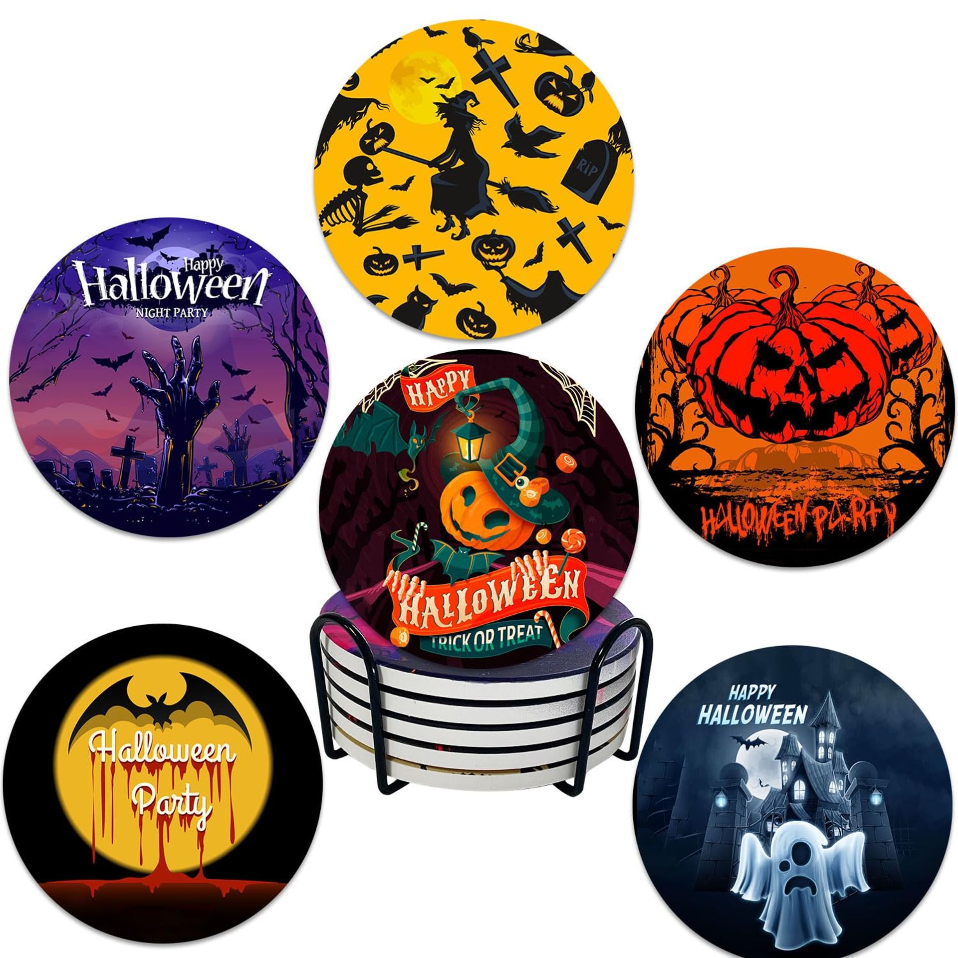 Halloween Drink Coasters Set of 6 with Holder - Absorbent Ceramic with Cork Bottom, Heat & Scratch Resistant