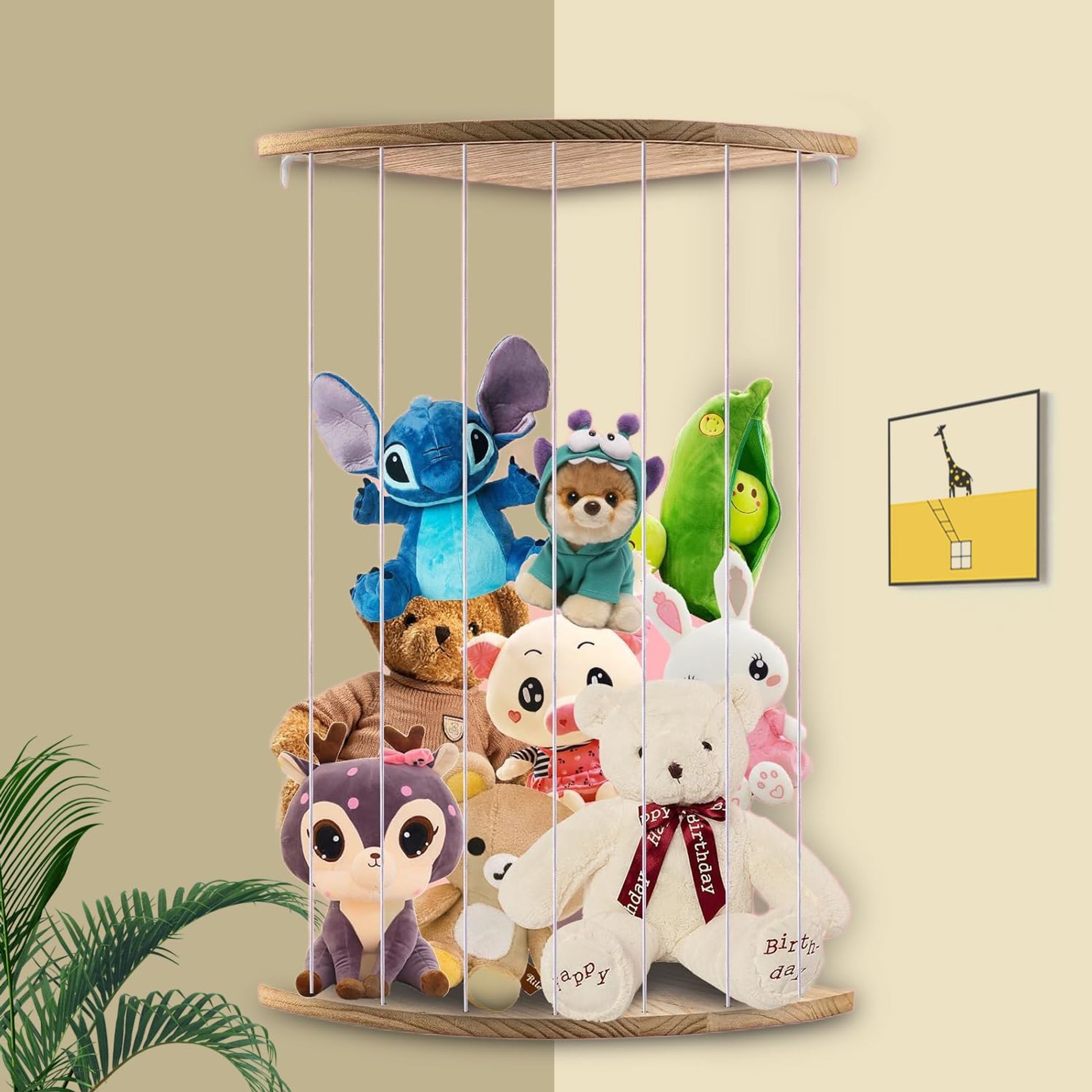 Stuffed Animal Storage Wooden Corner Toy Shelf Kids Bedroom Plush Organiser - Natural XL