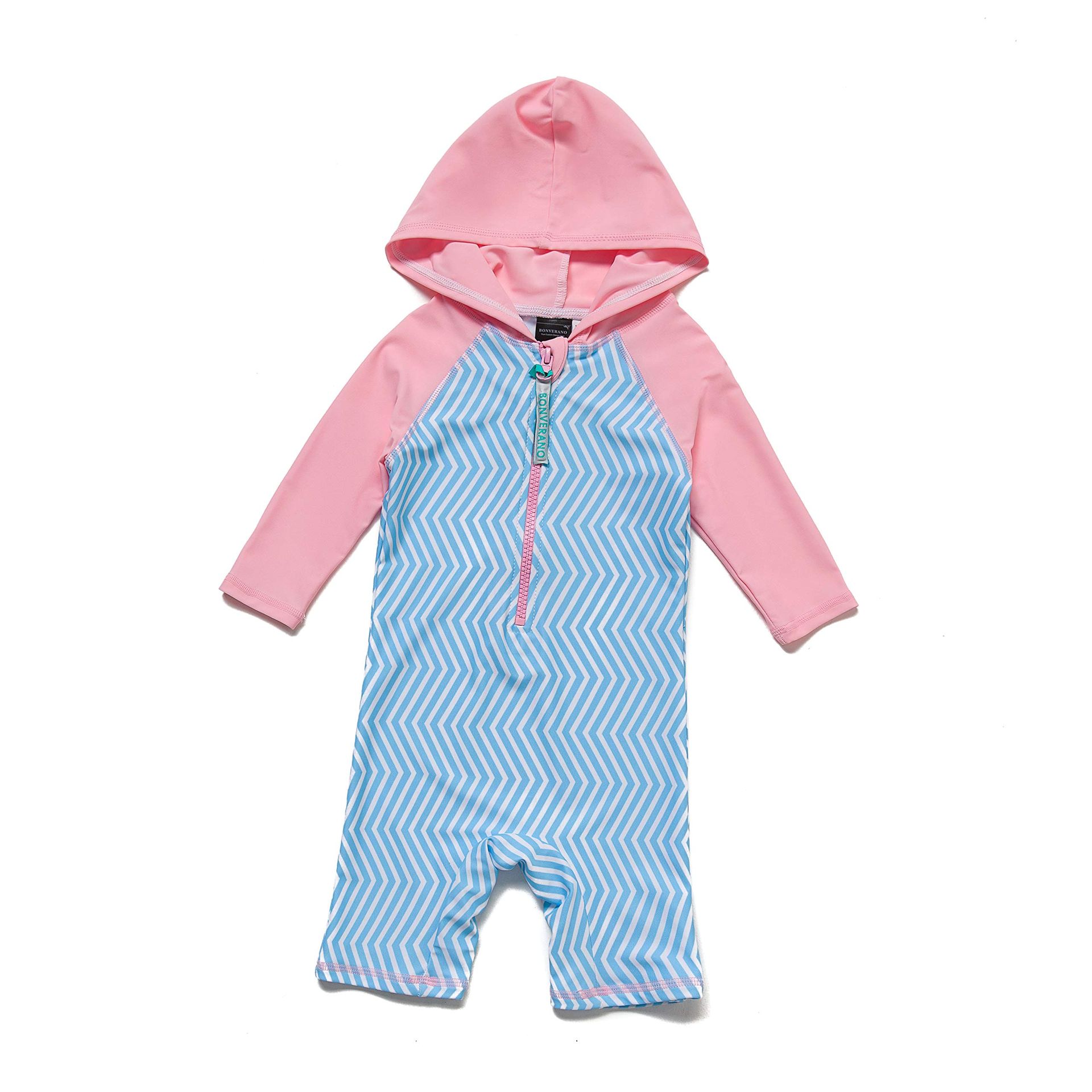 Baby Girls One-Piece Swimsuit UPF 50+ with Hood | Sun Protection Swimwear Blue & Pink 12-18 Months