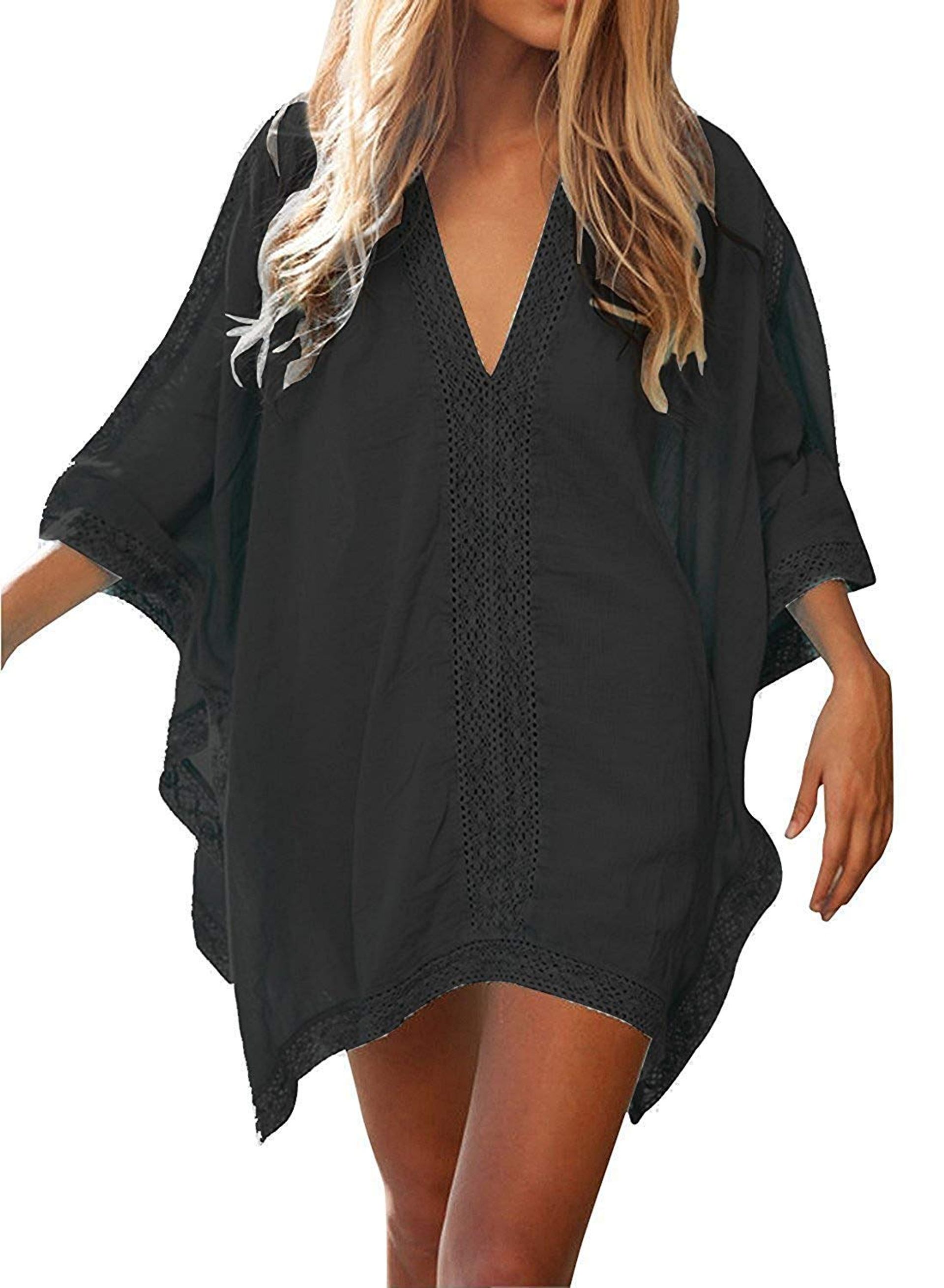 JFAN Women Bikini Beach Cover up V Neck Beach Dress for Swimsuit Coverup Sarong Oversized Smock Ladies Summer Solid Color Beachwear,One Size,Black
