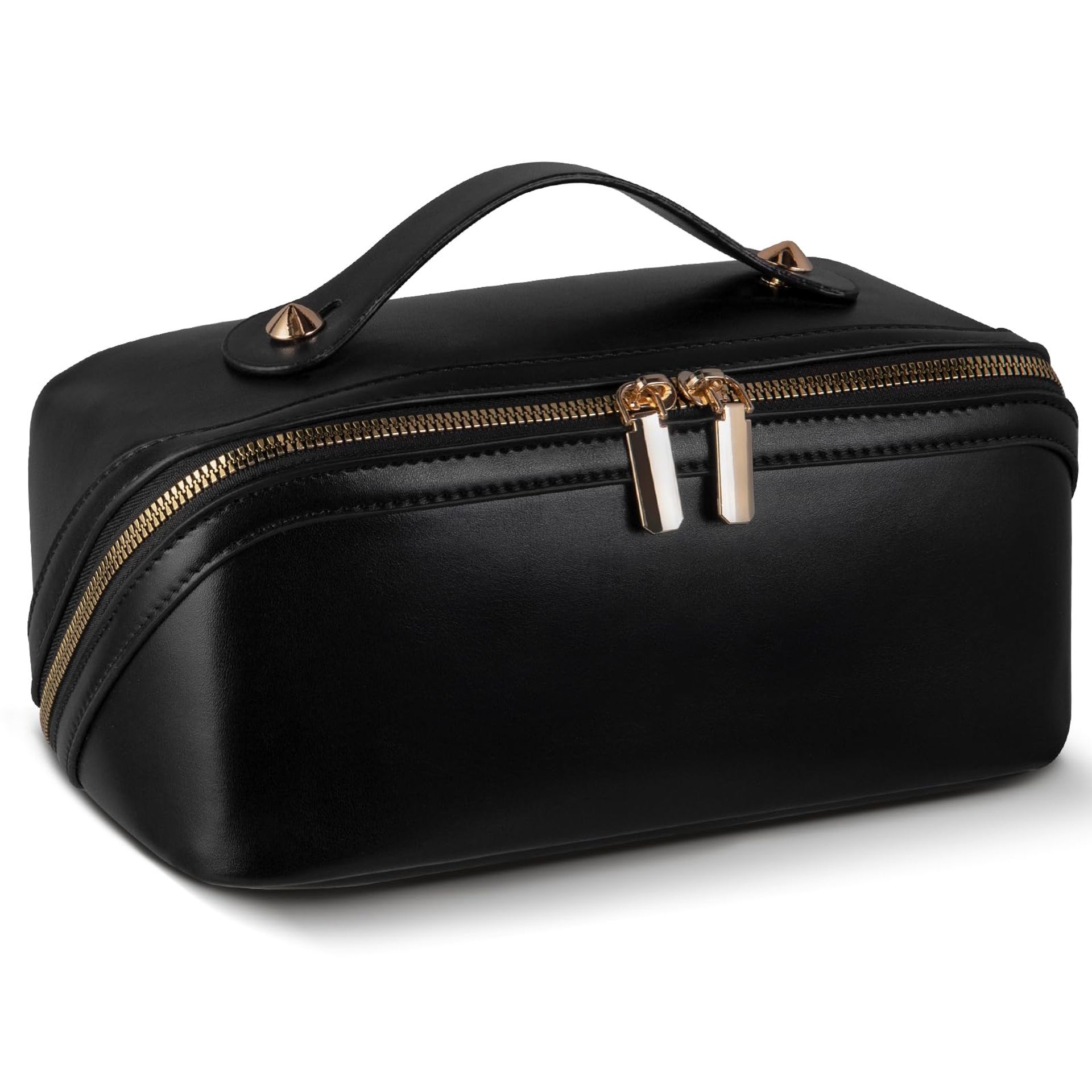 Large Capacity PU Makeup Bag with Compartments, Waterproof & Portable Travel Toiletry Case for Women & Girls - Black
