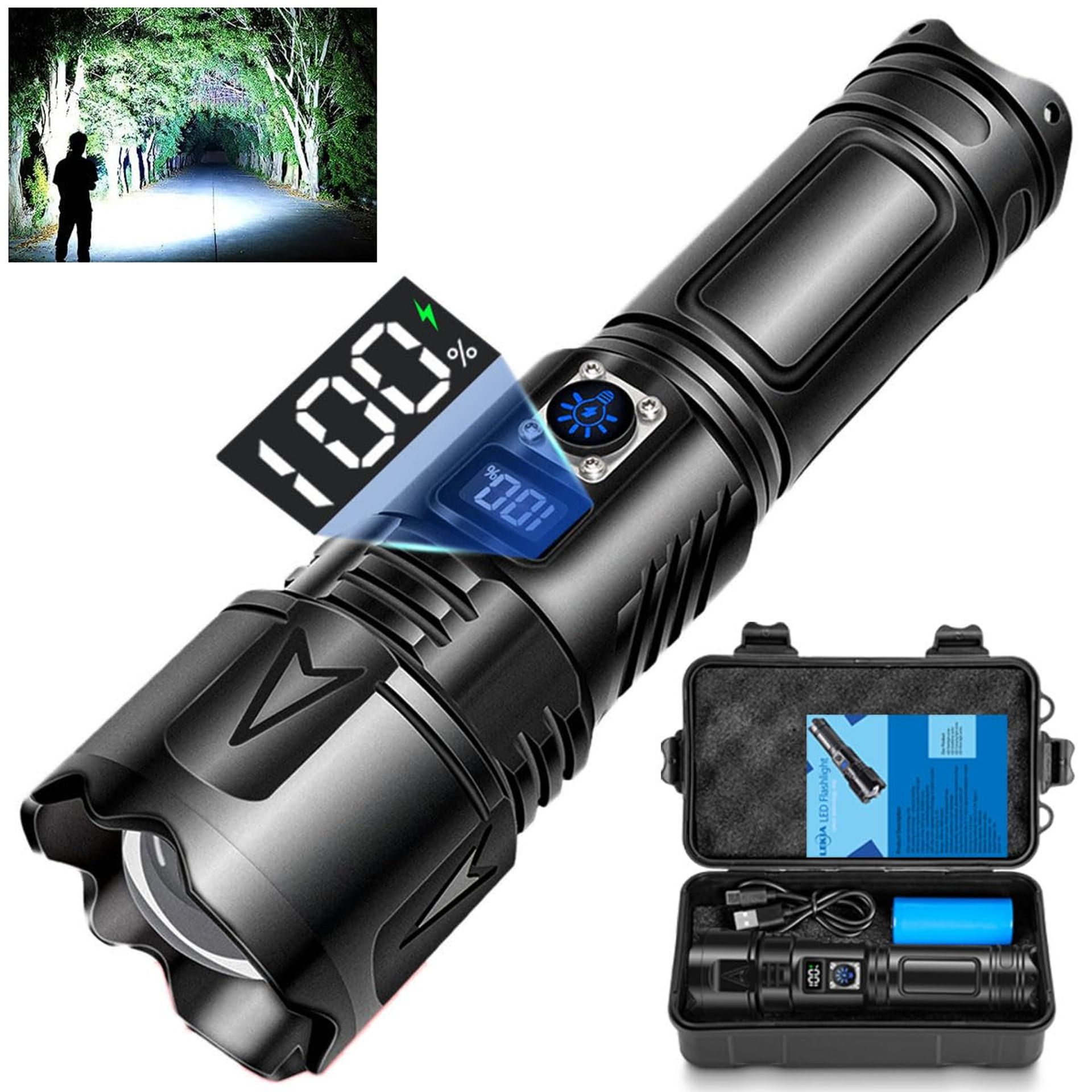Rechargeable LED Torch USB-C Super Bright 500000 Lumens Flashlight, Zoomable, Waterproof, 5 Modes, 5000mAh Battery - Black TC001