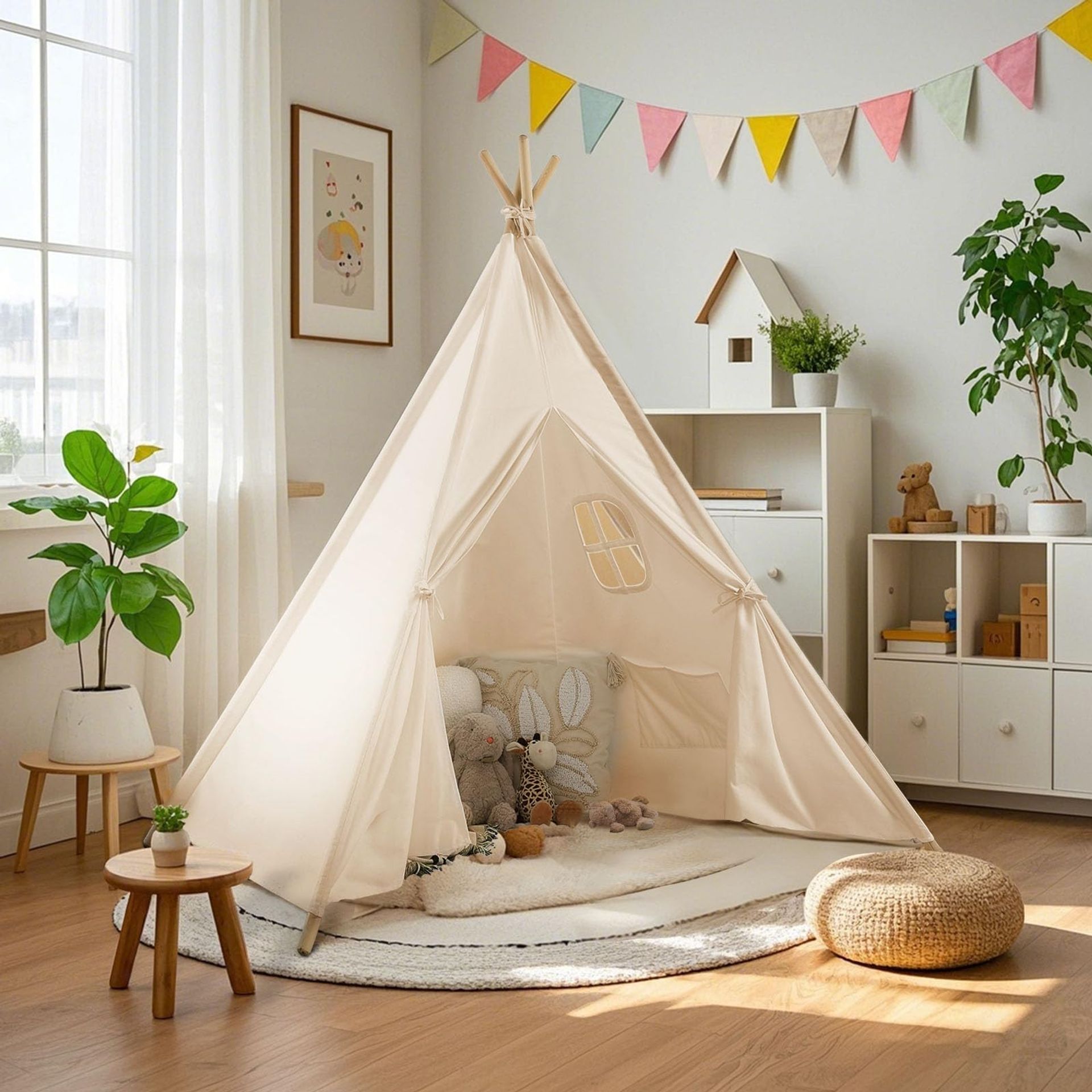 Children's Teepee Play Tent Foldable Indoor Outdoor Canvas Playhouse with Carry Bag and Wooden Poles - White 47x47x59 inches