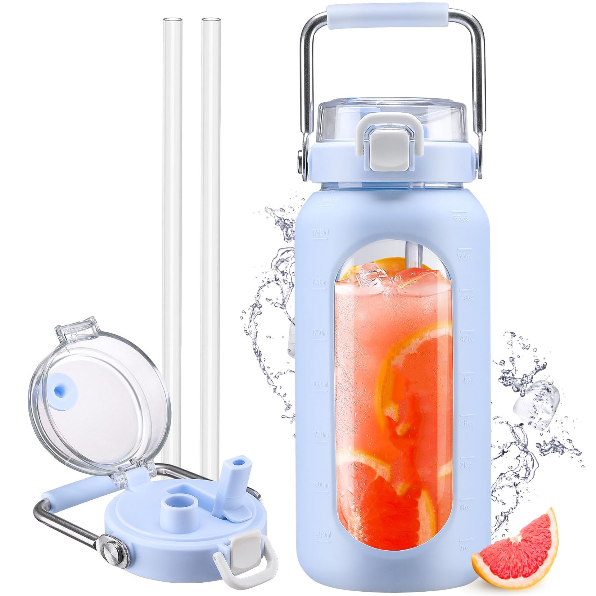 2L Glass Water Bottle with Straw & Time Marker - BPA-Free, Leakproof, Motivational & Portable Light Blue