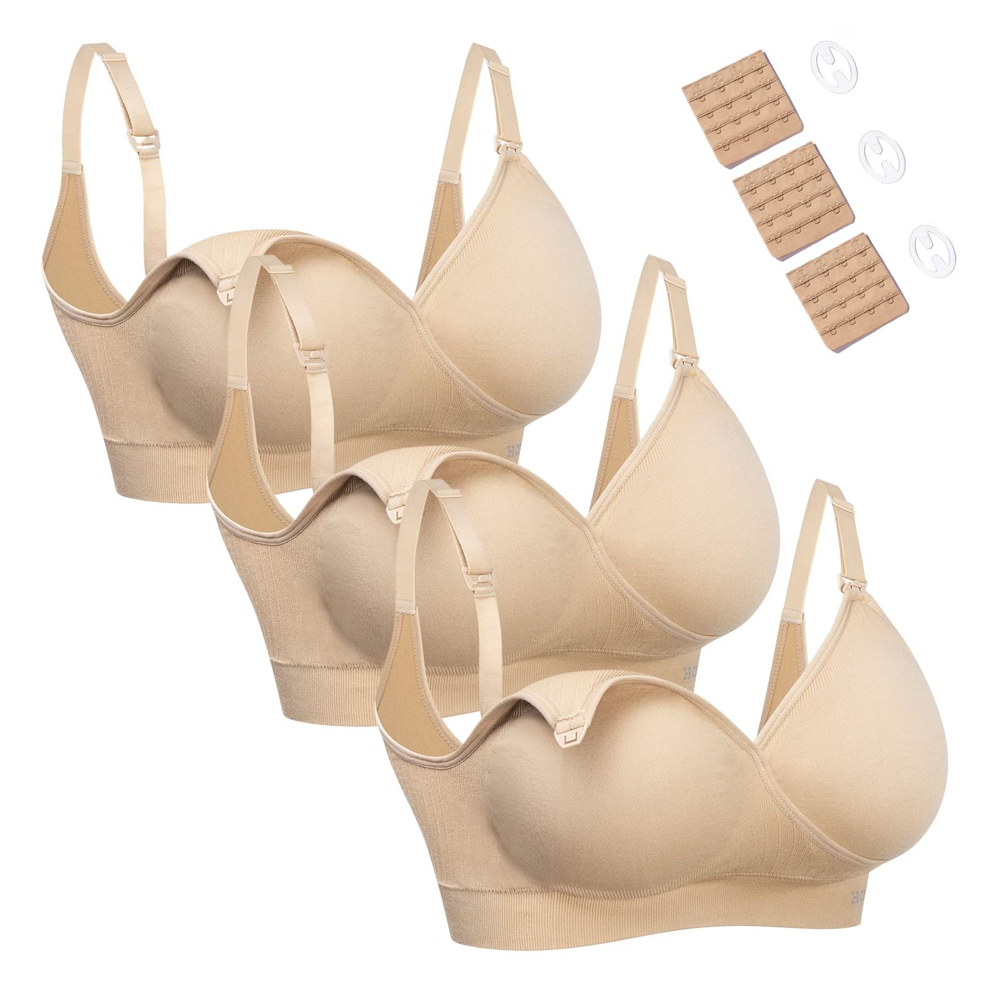 Women's Wireless Nursing Bra Seamless Padded Maternity 3 Pack Comfort Sleepwear - Beige X-Large