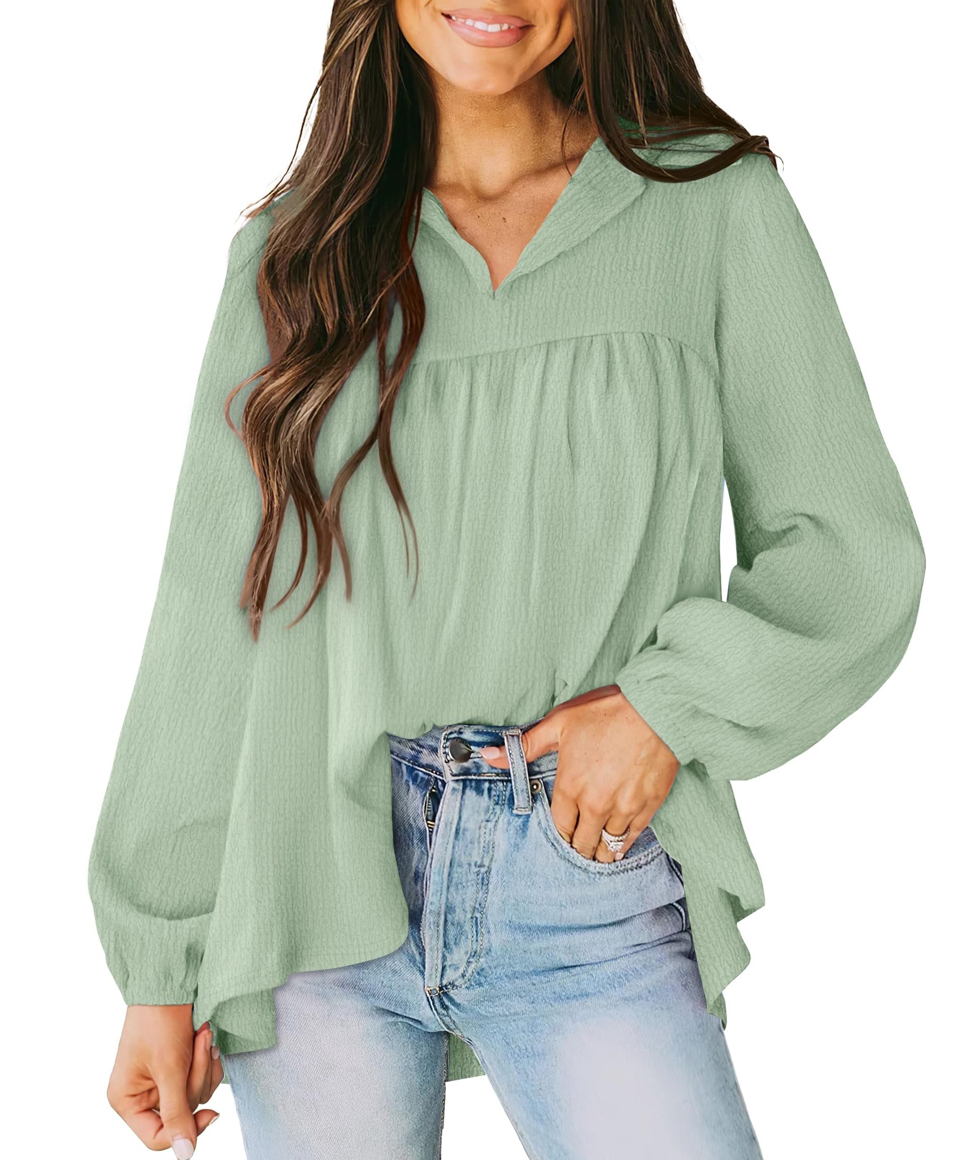 Amoretu Women's Long Sleeve V-Neck Top - Loose Fit Casual Blouse, Olive Green, Size L