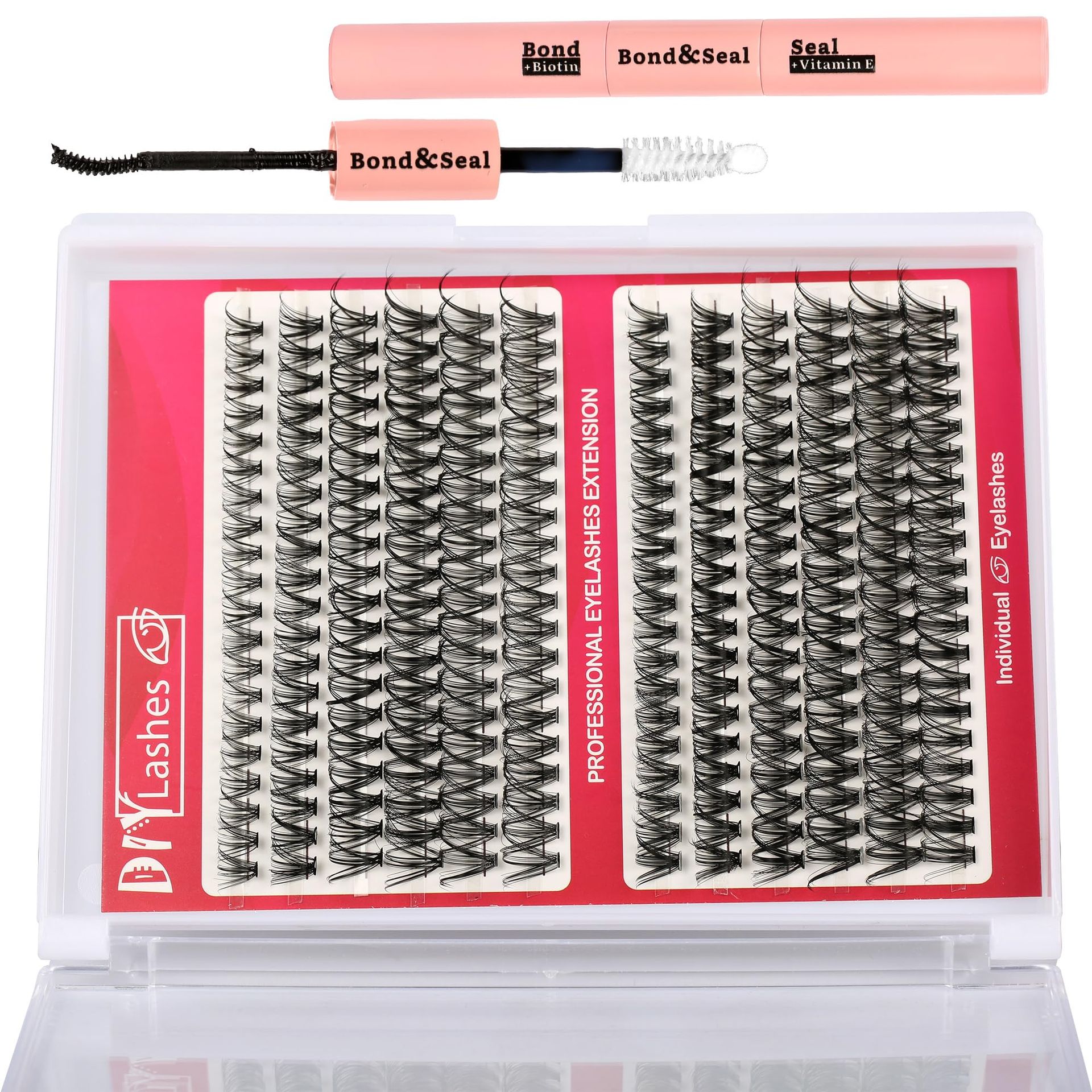 DIY Professional Wide-stem Cluster Lashes Kit with Bond & Seal Glue, 144pcs (8-16MM) - Easy Home Application