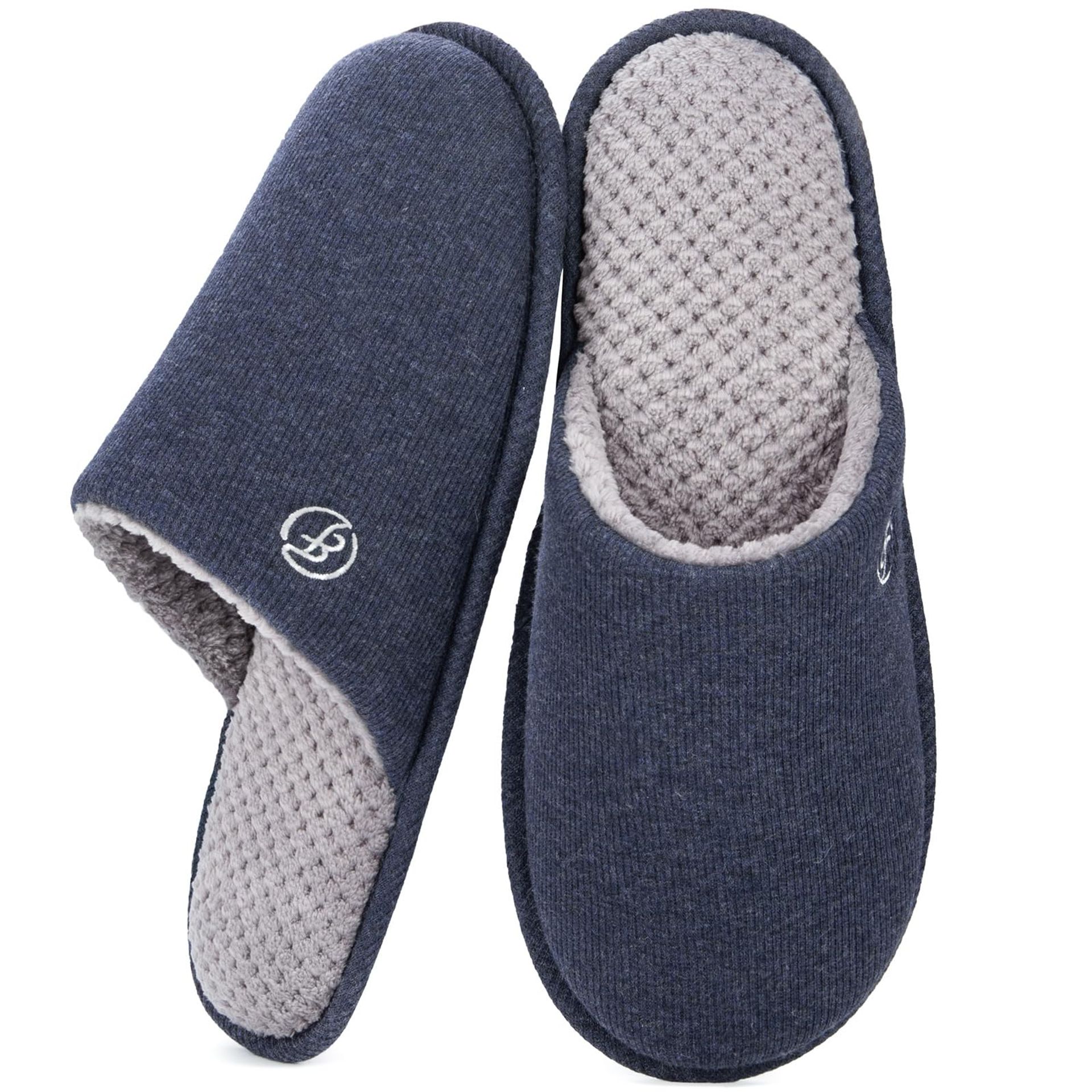 EverFoams Men's Cotton Knit Slippers Lightweight Memory Foam Indoor House Shoes with Anti-Skid Sole (6-7 UK, Navy Blue)