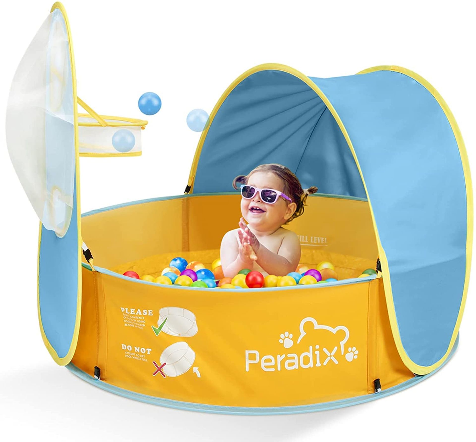 Ball Pit Play Tent and Paddling Pool 2-in-1 with Sunshade and Basketball Hoop for Kids and Babies - Blue + Yellow