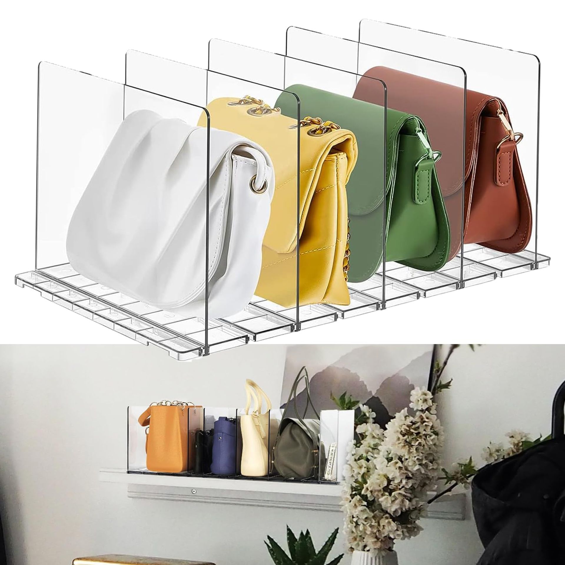 Clear Adjustable Closet Shelf Dividers 5pcs – Plastic Organisers for Handbags, Clothes & Kitchen Cabinet Storage