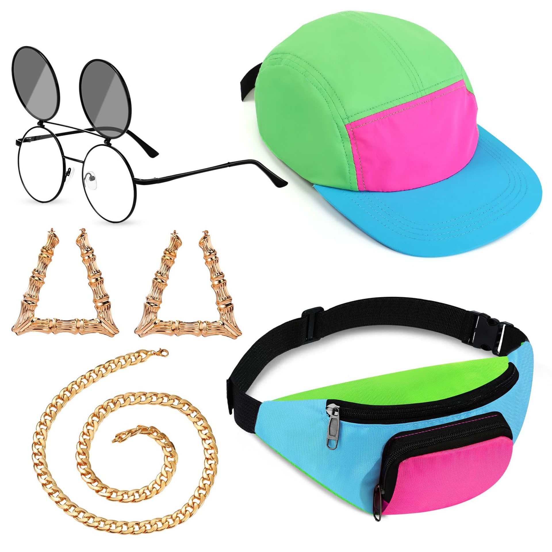 5 Piece 80s 90s Fancy Dress Accessories Set for Men and Women with Hat, Neon Fanny Pack, Sunglasses, Gold Chain and Earrings - Colourful Retro Style
