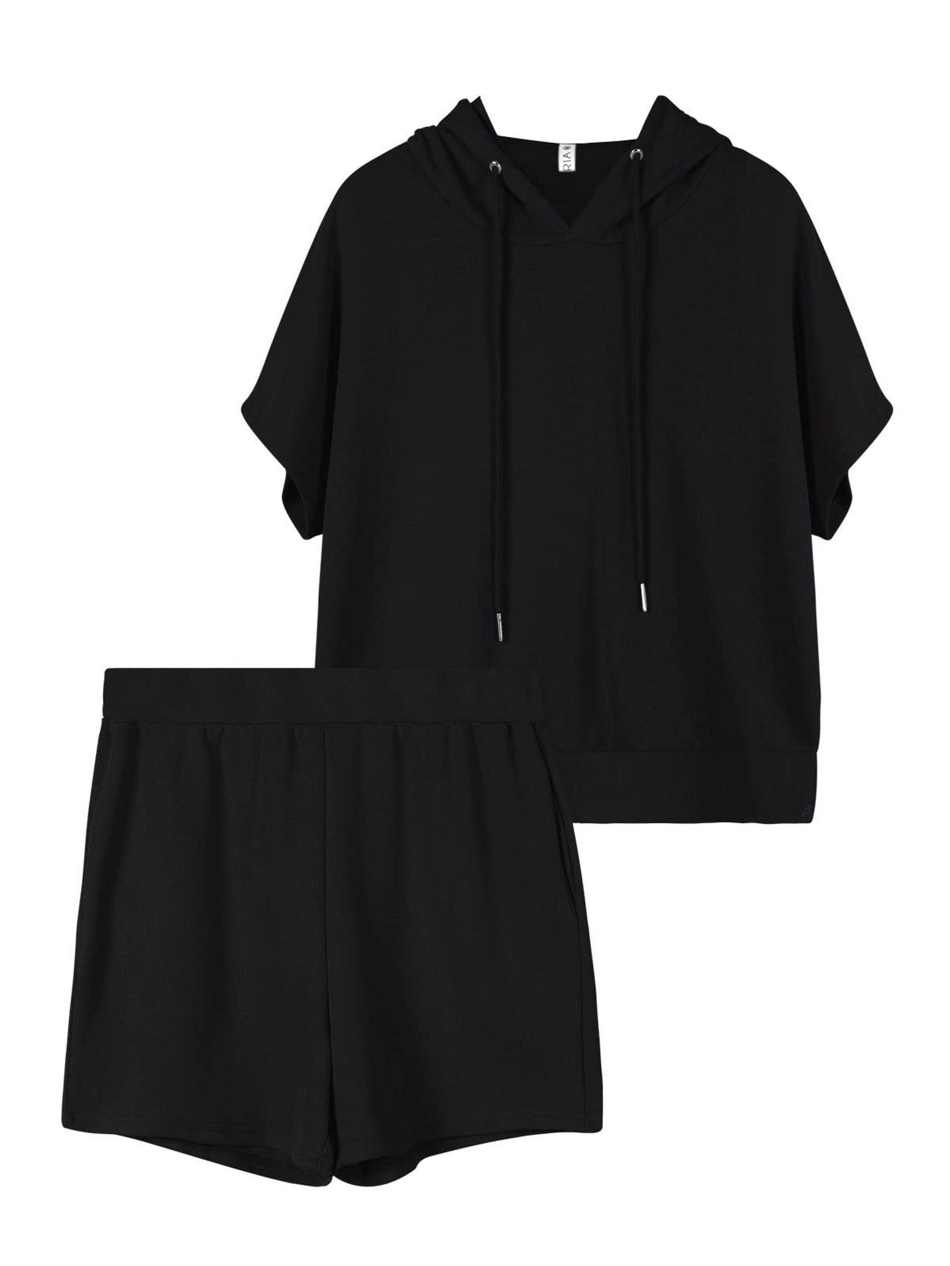 Women's Tracksuit Set Short Sleeve Hoodie with Flowy Shorts Two Piece Outfit Casual Loungewear - Black M