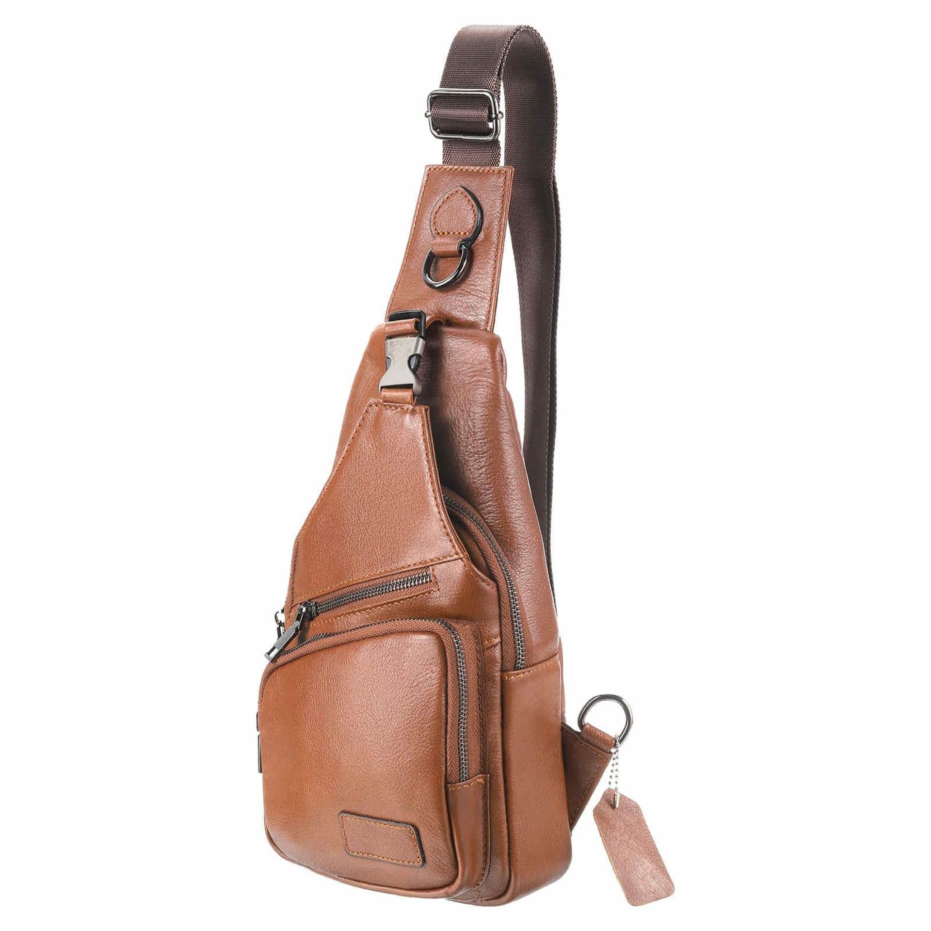 Genuine Leather Small Sling Bag Crossbody Chest Backpack Multipurpose for Travel & Hiking - Brown 17x8x32cm