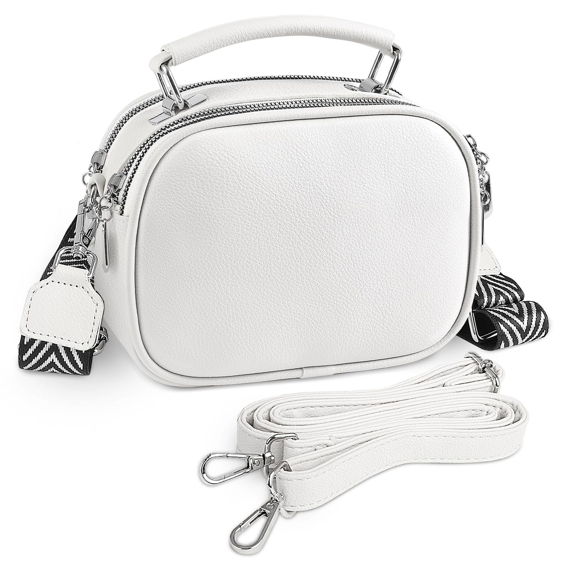 Women's Cross Body Bag Small Faux Leather Handbag with 2 Removable Straps & Multi Zip Compartments - White Small