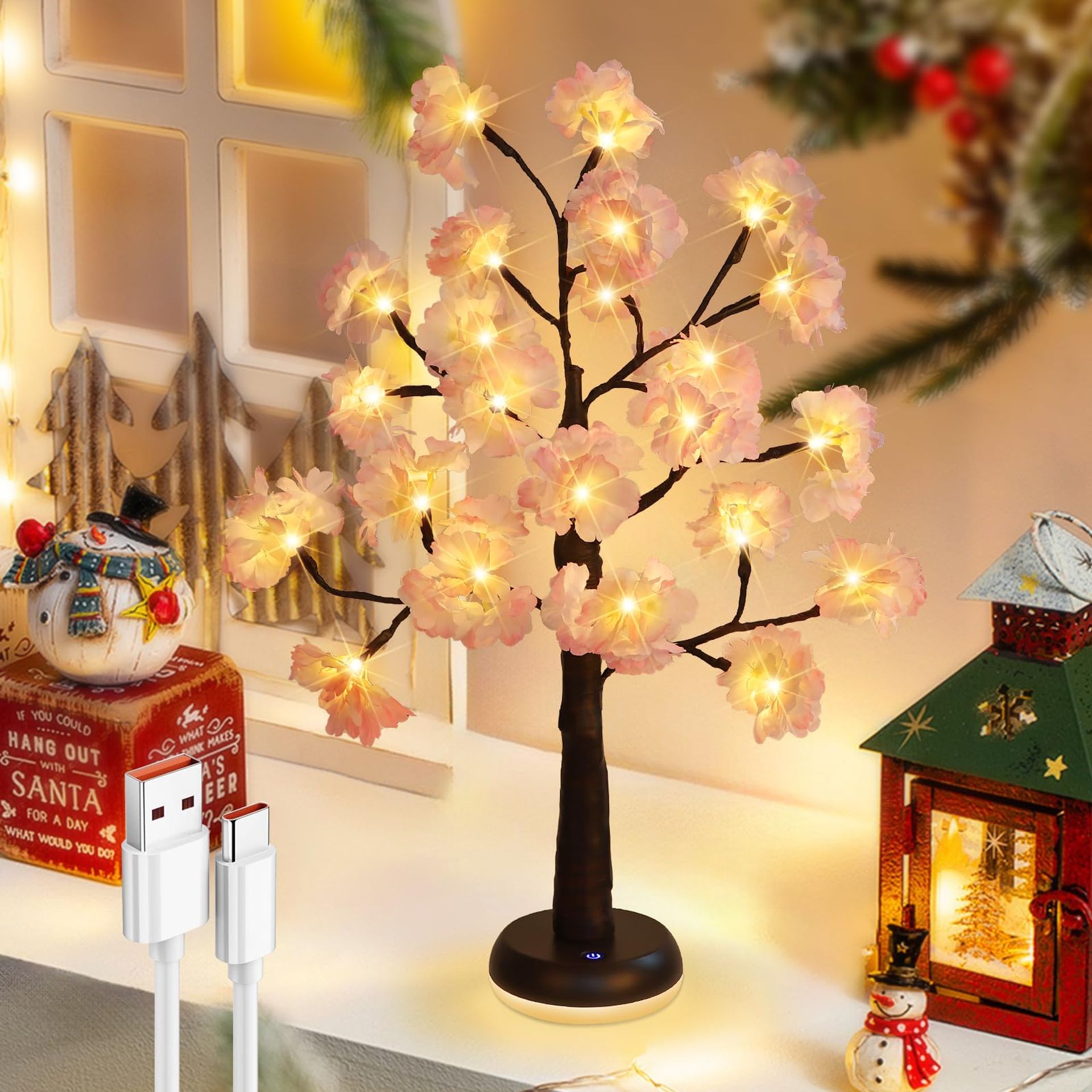 Cherry Blossom Tree Lights 24 Warm White LEDs USB or Battery Tabletop Decoration - Cherry-2 56 cm
