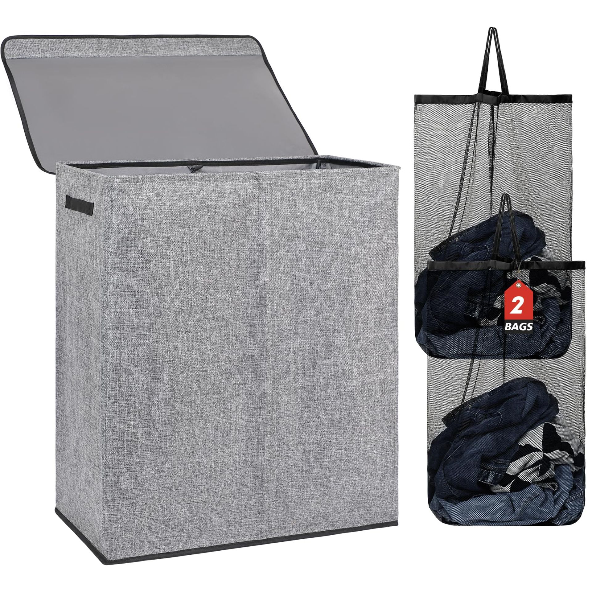 150L Double Laundry Basket with Lid & Removable Bags, Large Collapsible Hamper with 2 Sections - Grey - Student Essentials