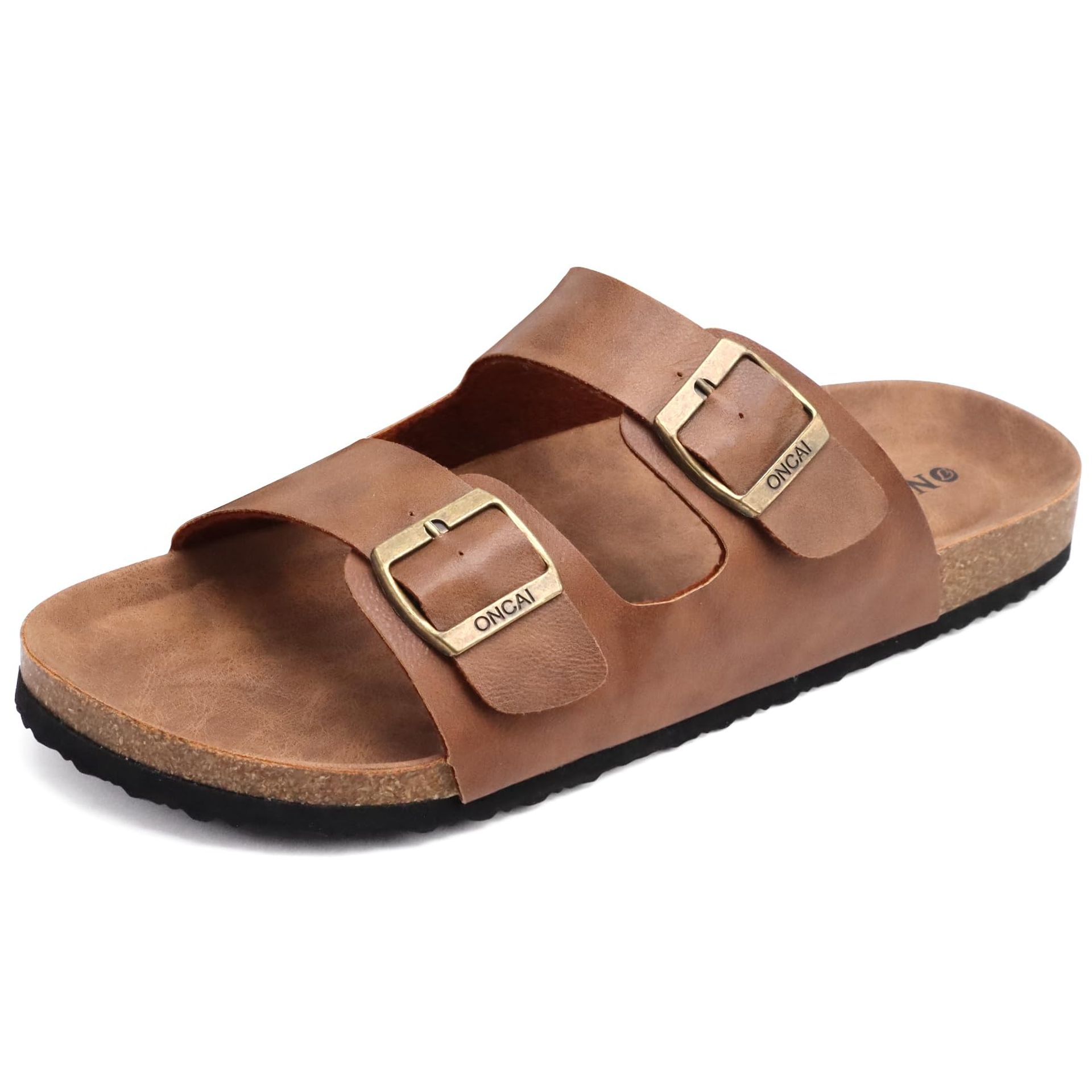 Men's Slide Sandals Two Adjustable Straps Cork Footbed Non-Slip Sole - Khaki UK 10