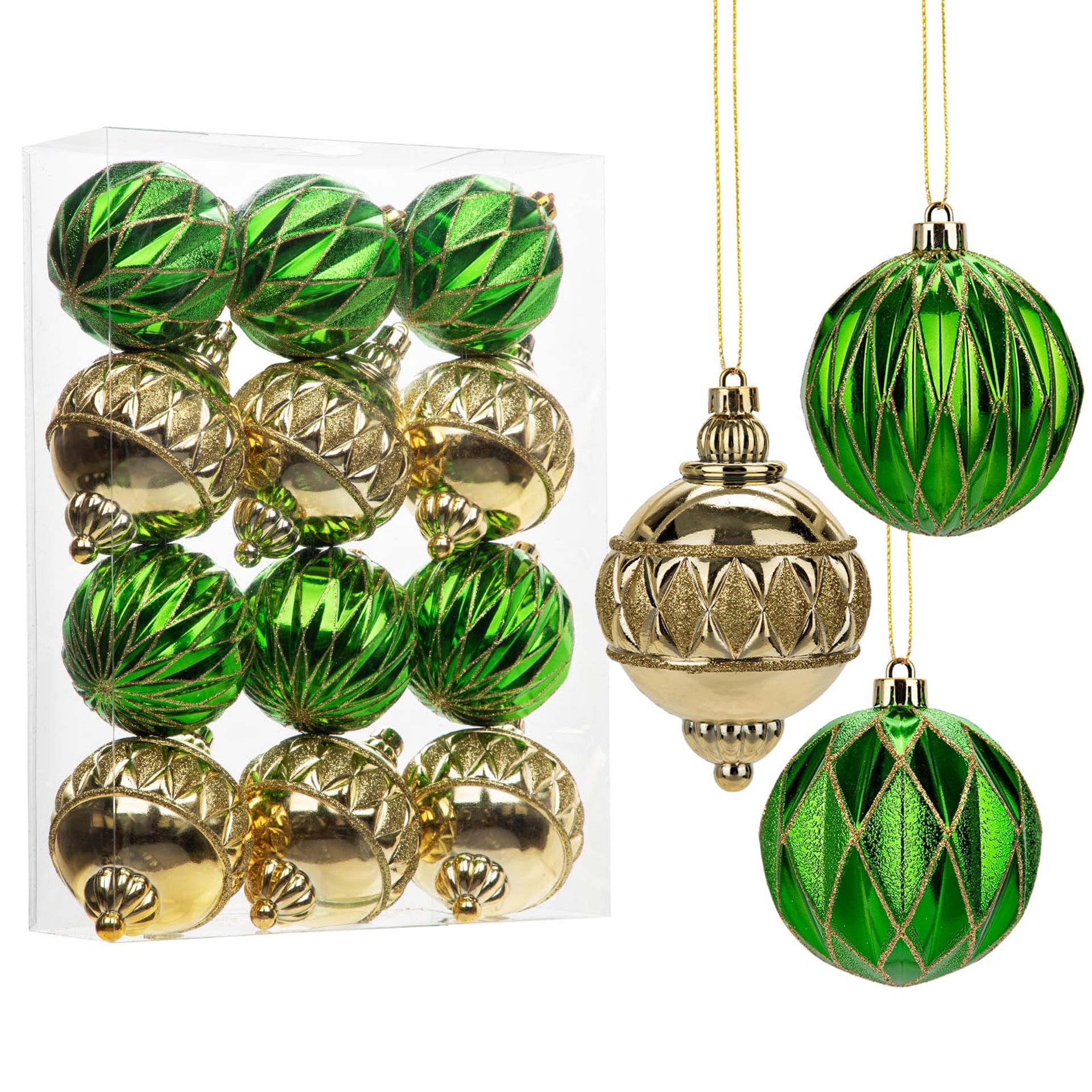12PCS Gold-edged Green Christmas Baubles 8CM | Glitter Xmas Tree Ornaments | Hollyone Decorations