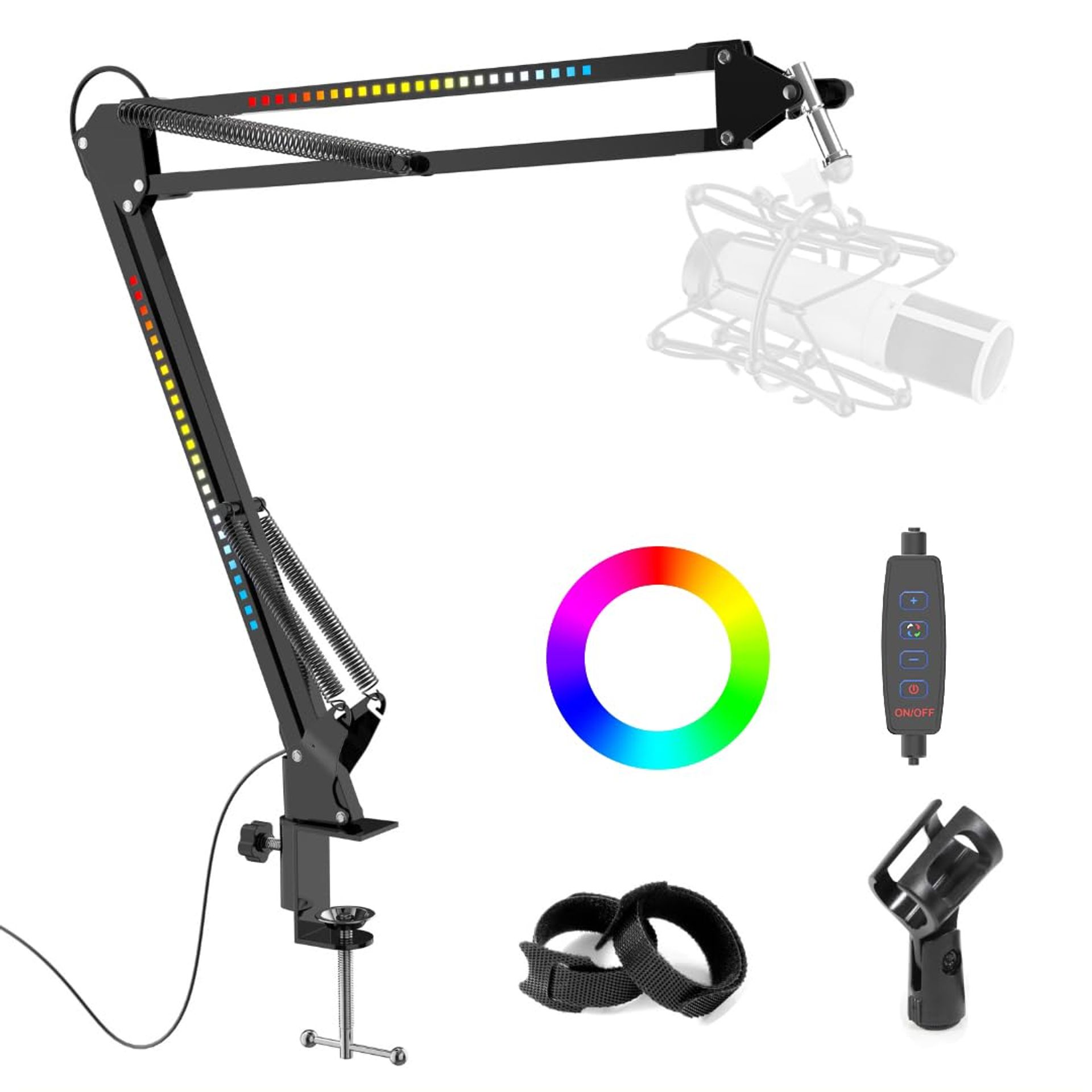 RGB Boom Arm Adjustable Mic Stand with Desk Mount, Remote Control and Light Strips for Streaming, Gaming & Recording - Black
