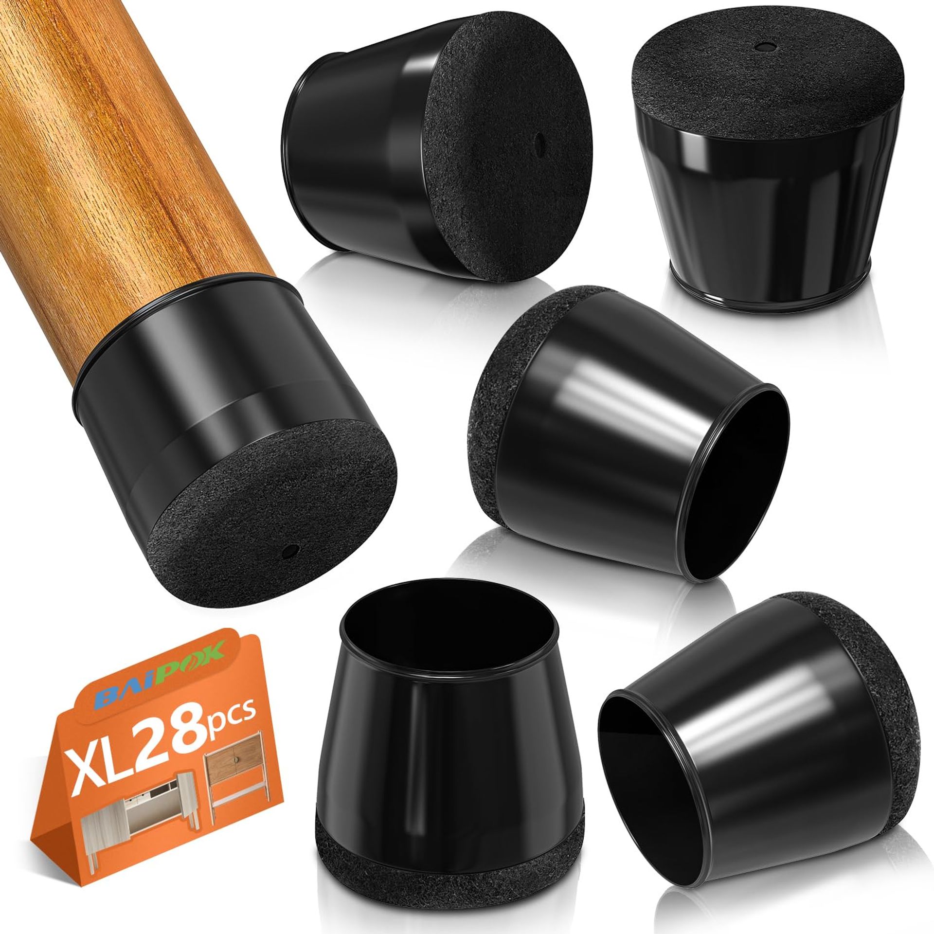 Silicone Chair Leg Protectors 28pcs Anti-Scratch Furniture Feet Covers for Hardwood Floors with Felt Pads - Black XL(34-48mm)