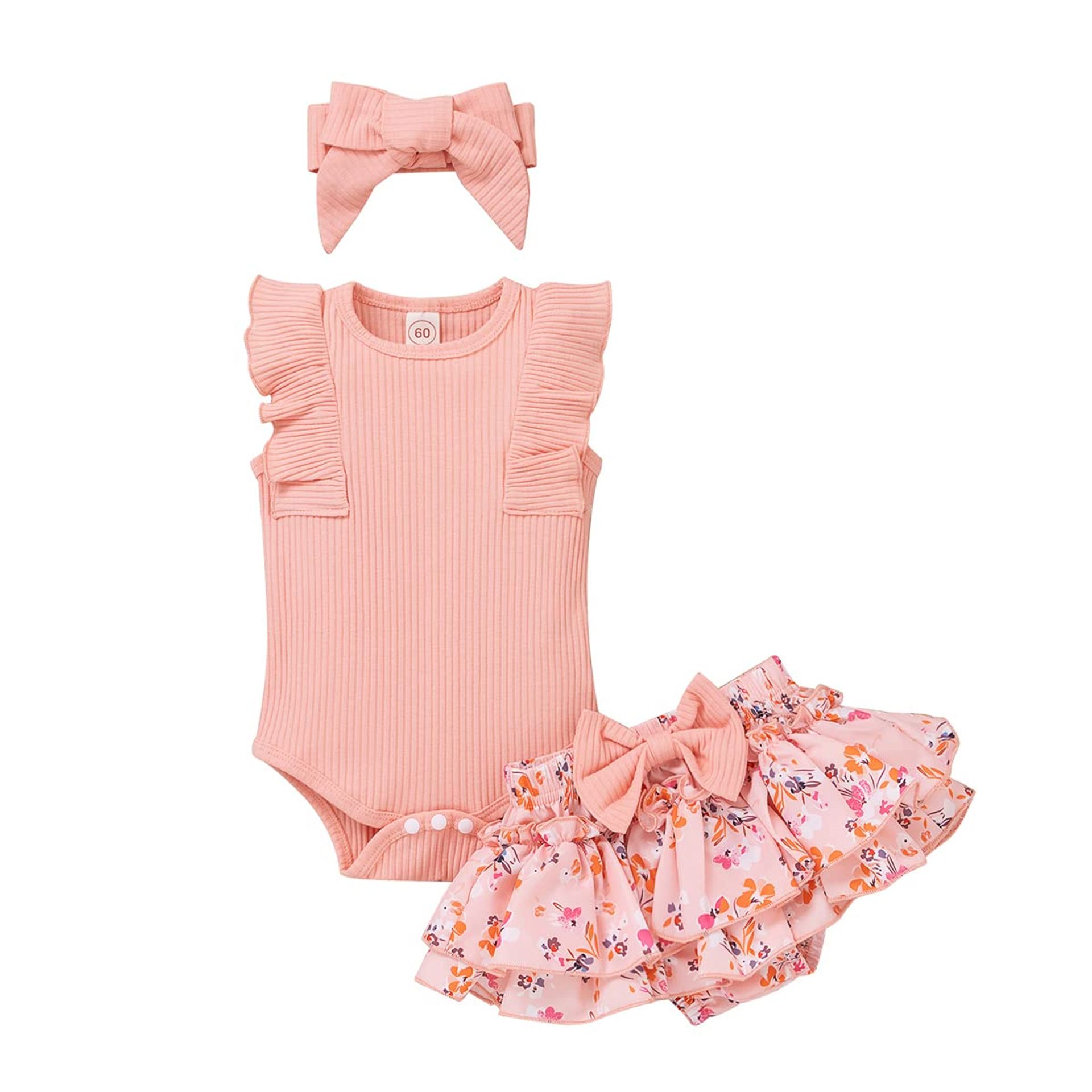 Baby Girl Summer Outfit Set - Ruffle Sleeveless Romper with Floral Shorts, Sunflower Pink, 6-12 Months