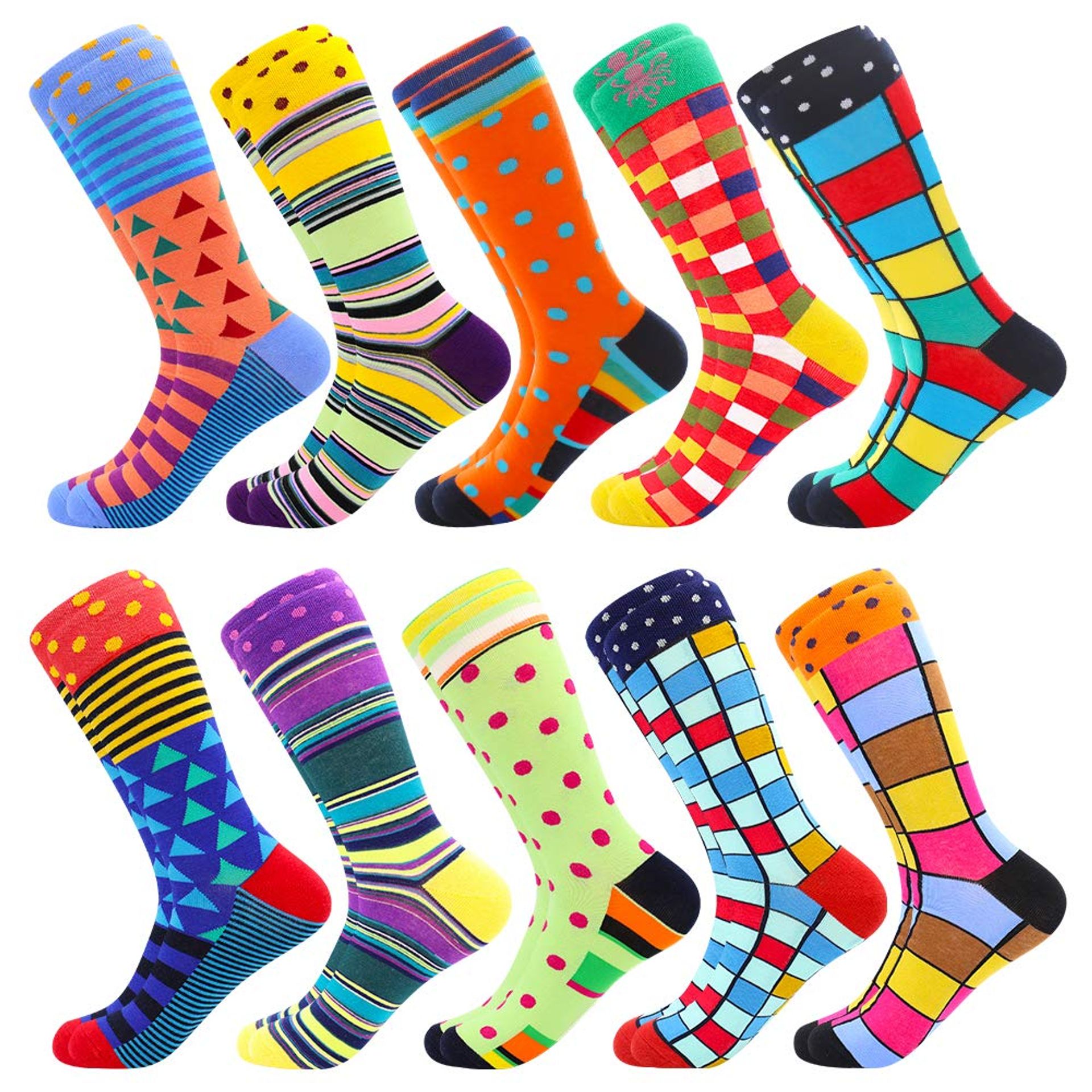 Men's Fun Dress Socks Colourful Funky Novelty Combed Cotton Mid Calf Casual Office Wear 10 Pairs - Pattern10 Size 6-11