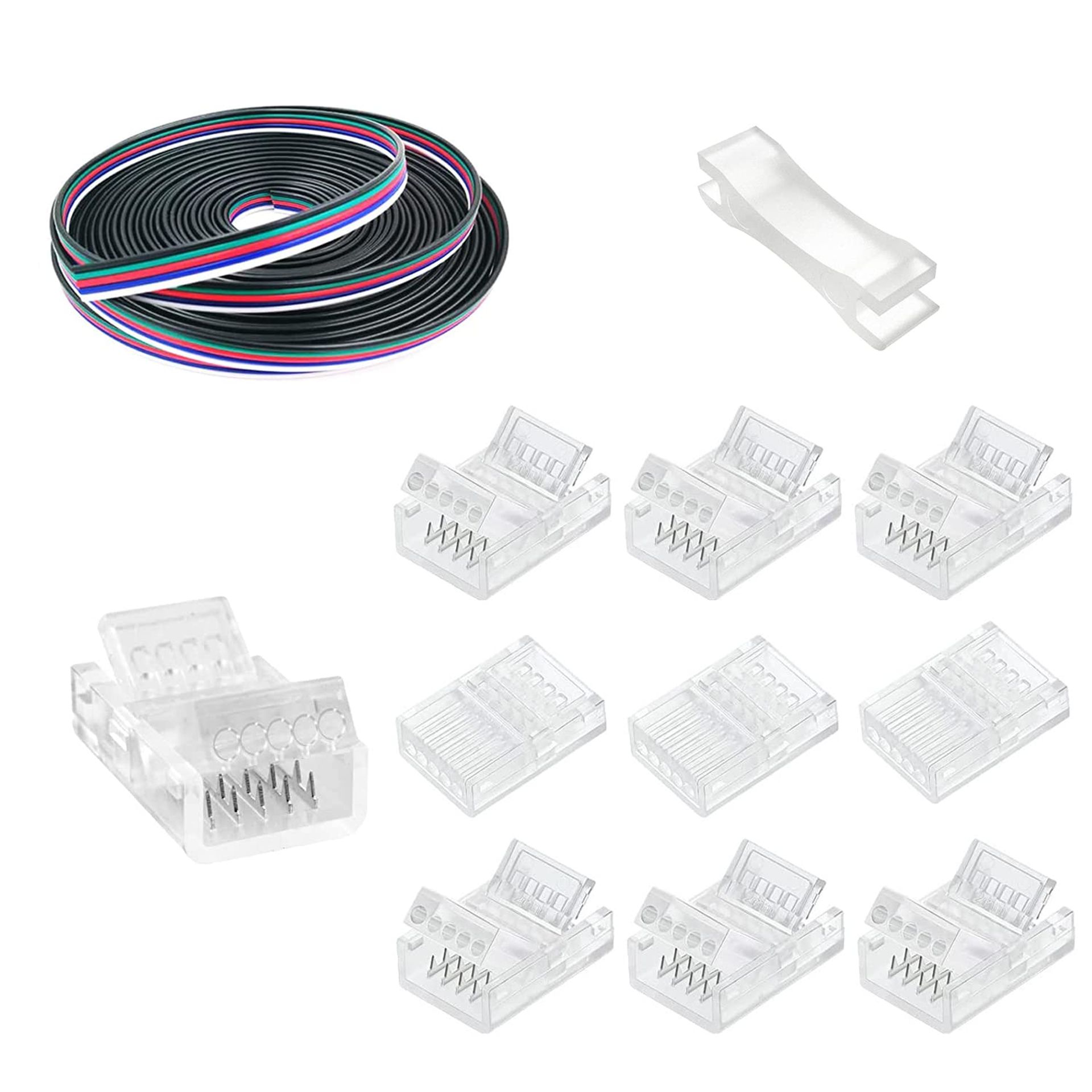 5 Pin LED Connector 12mm Solderless Adapter with 5m Extension for RGBW 5050 LED Strip Lights - 10 Pack