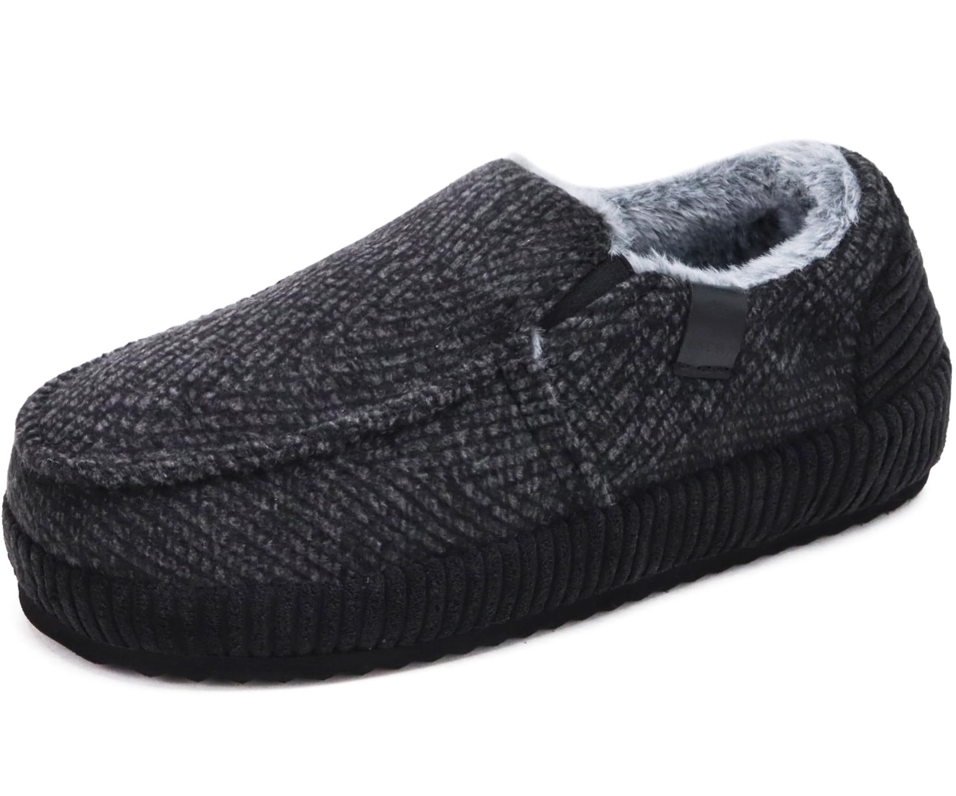 Men’s Warm Cotton-Blend Moccasin Slippers with Fuzzy Lining & Non-Slip Rubber Soles - Black Size 8