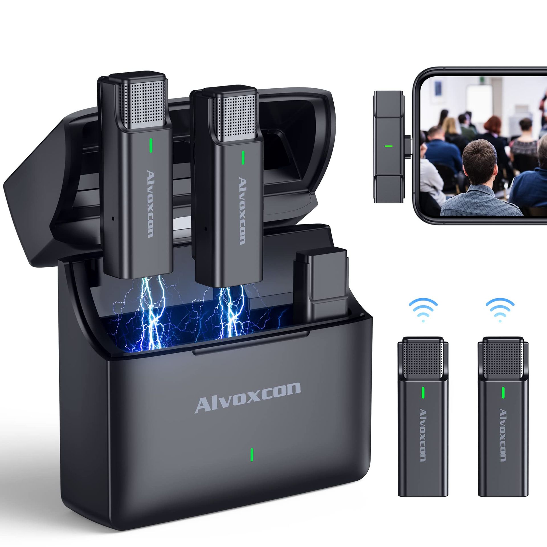 Dual Wireless Lavalier Microphone System with Charging Case for iPhone & iPad, Noise Cancelling Clip-On Mics for Interviews & Vlogging