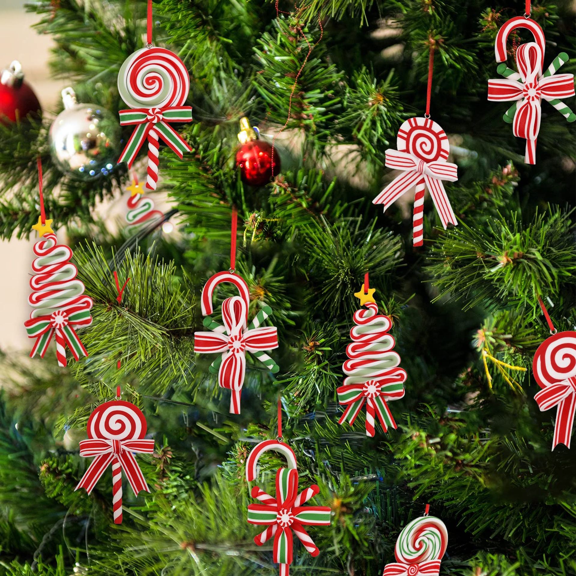 8pcs Christmas Candy Ornaments - Lollipop & Candy Cane Hanging Décor for Tree & Wreath