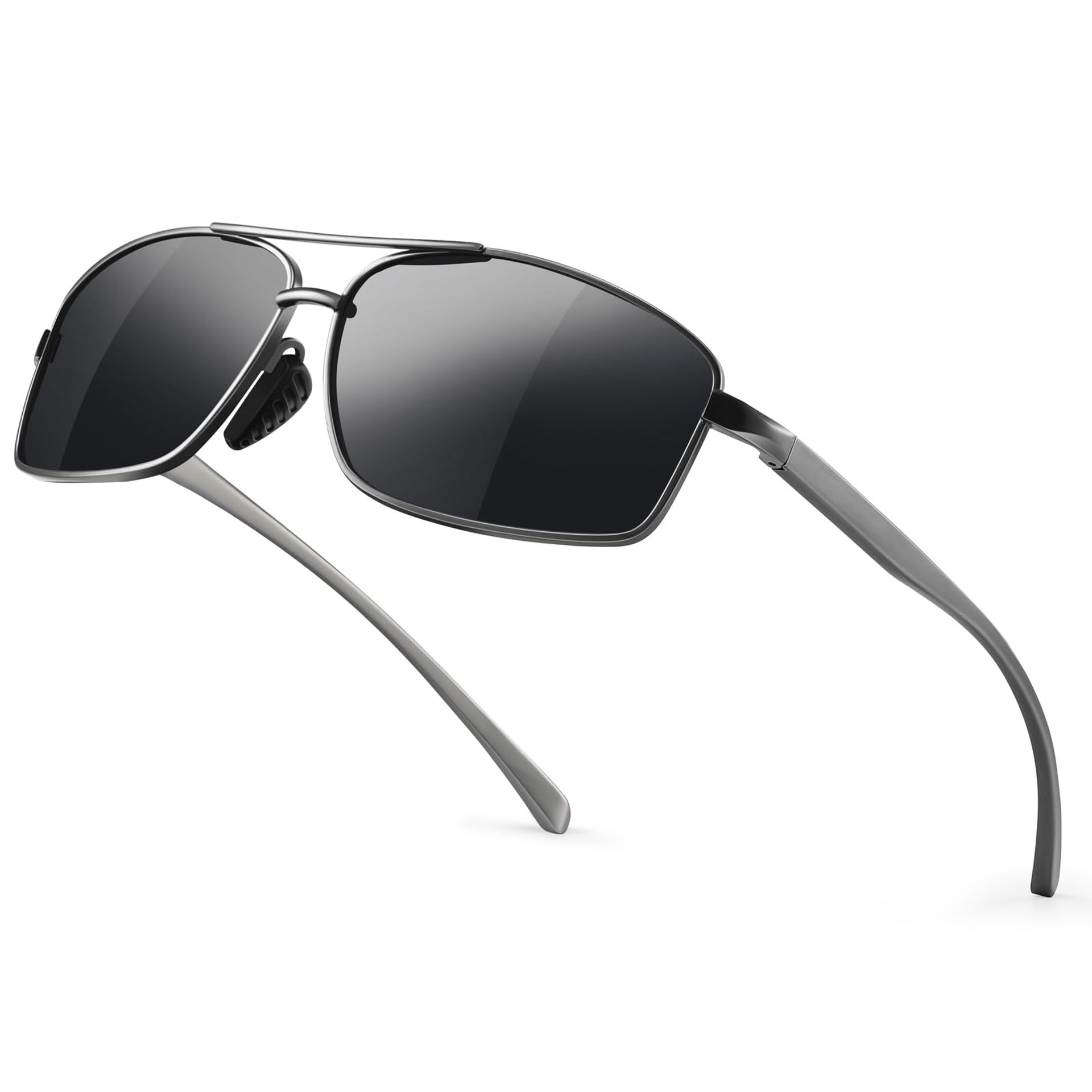 Kunchu Polarised Rectangular Sunglasses - Unisex Lightweight Metal Frame UV400 Protection (Grey/Black)