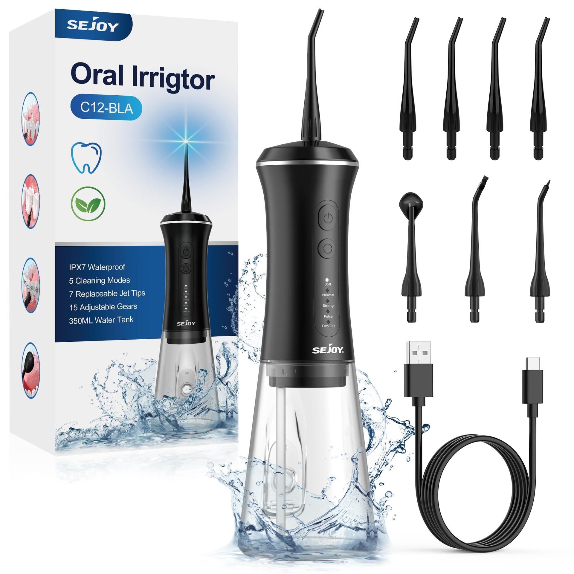 Cordless Water Flosser Oral Irrigator 350ml Tank 5 Modes 7 Tips USB Rechargeable IPX7 Waterproof - Black C12