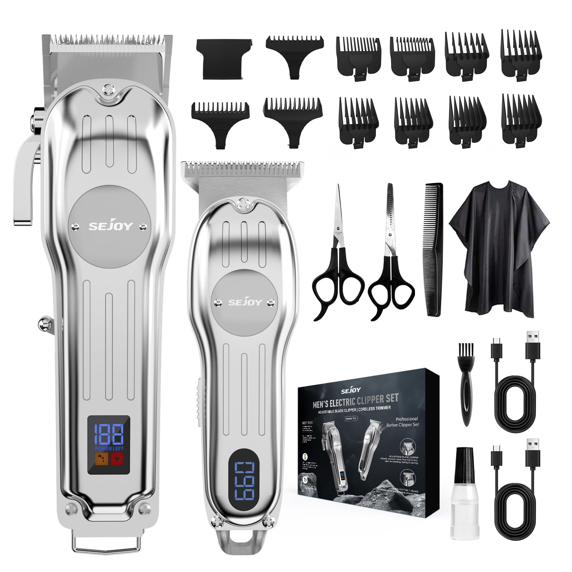 Professional Men's Hair Clippers and Beard Trimmer Set Cordless Hair Cutting Kit for Home or Barber Use - Silver MASTERPRO