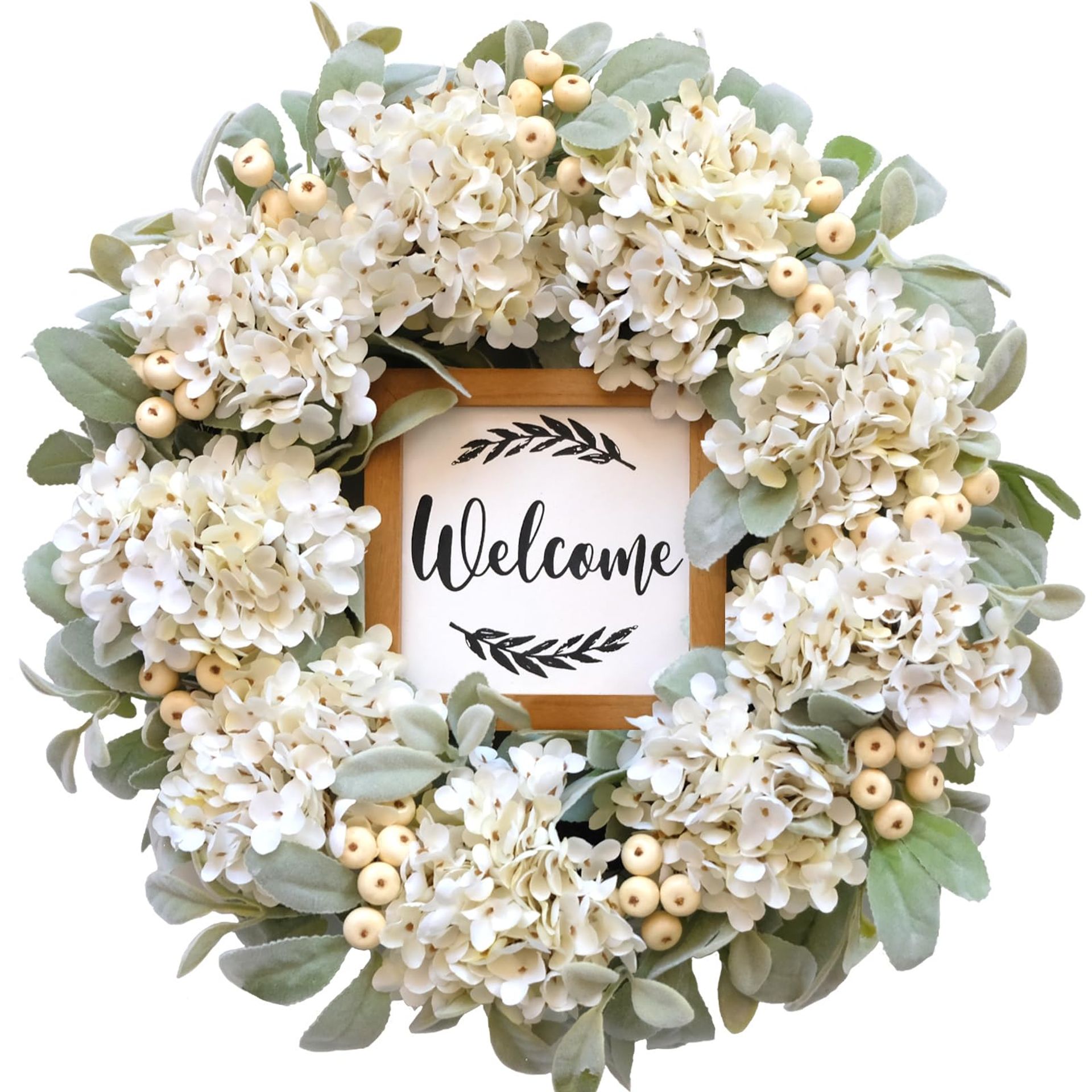 Artificial Summer Wreath 22-Inch White Hydrangea with Rabbit Ear Leaves for Front Door, Porch or Wedding Décor - White One Size