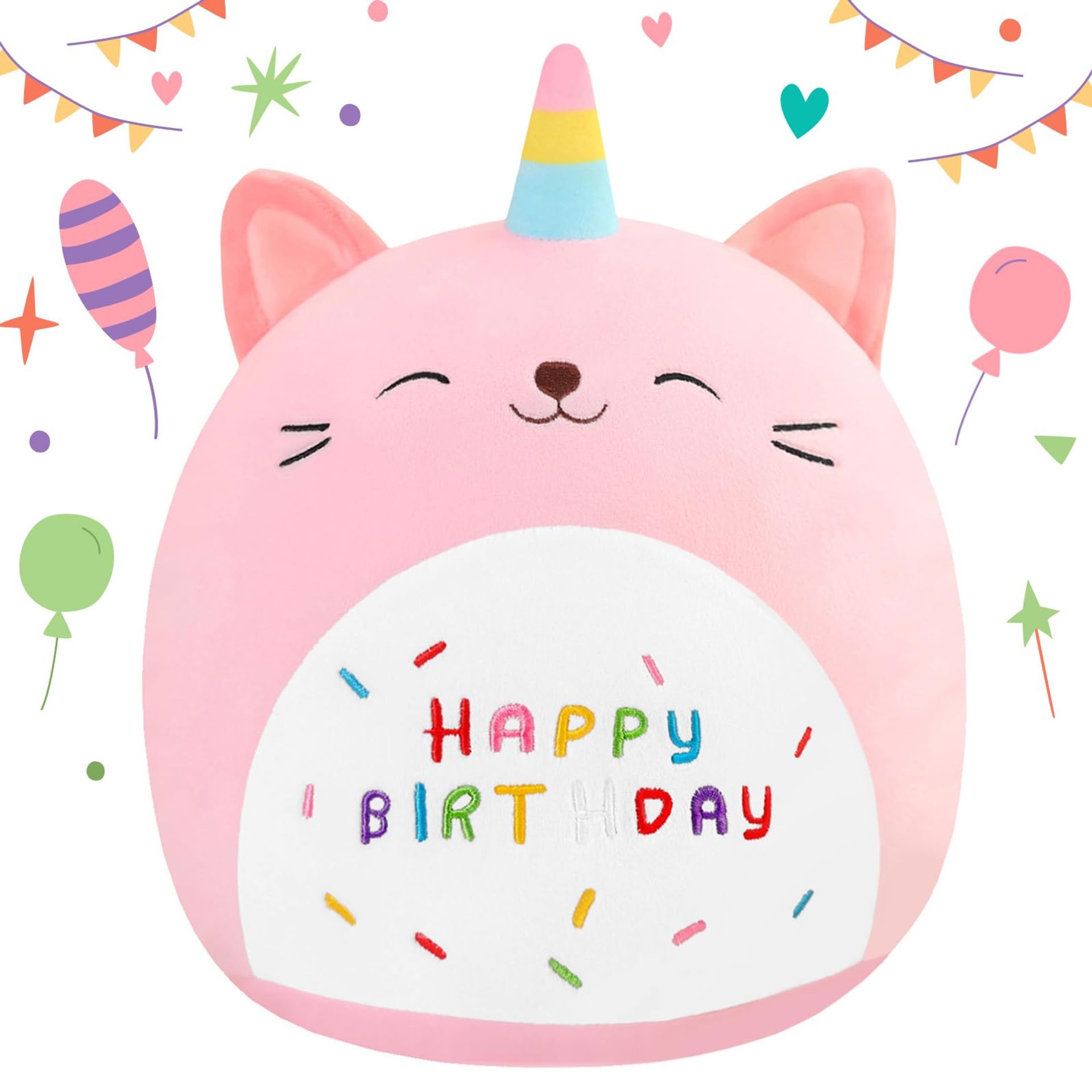 Happy Birthday Cat Plush Toy Pillow – Cute Unicorn Cat Soft Stuffed Animal in Pink, Perfect Gift for Kids Girls & Boys 35cm