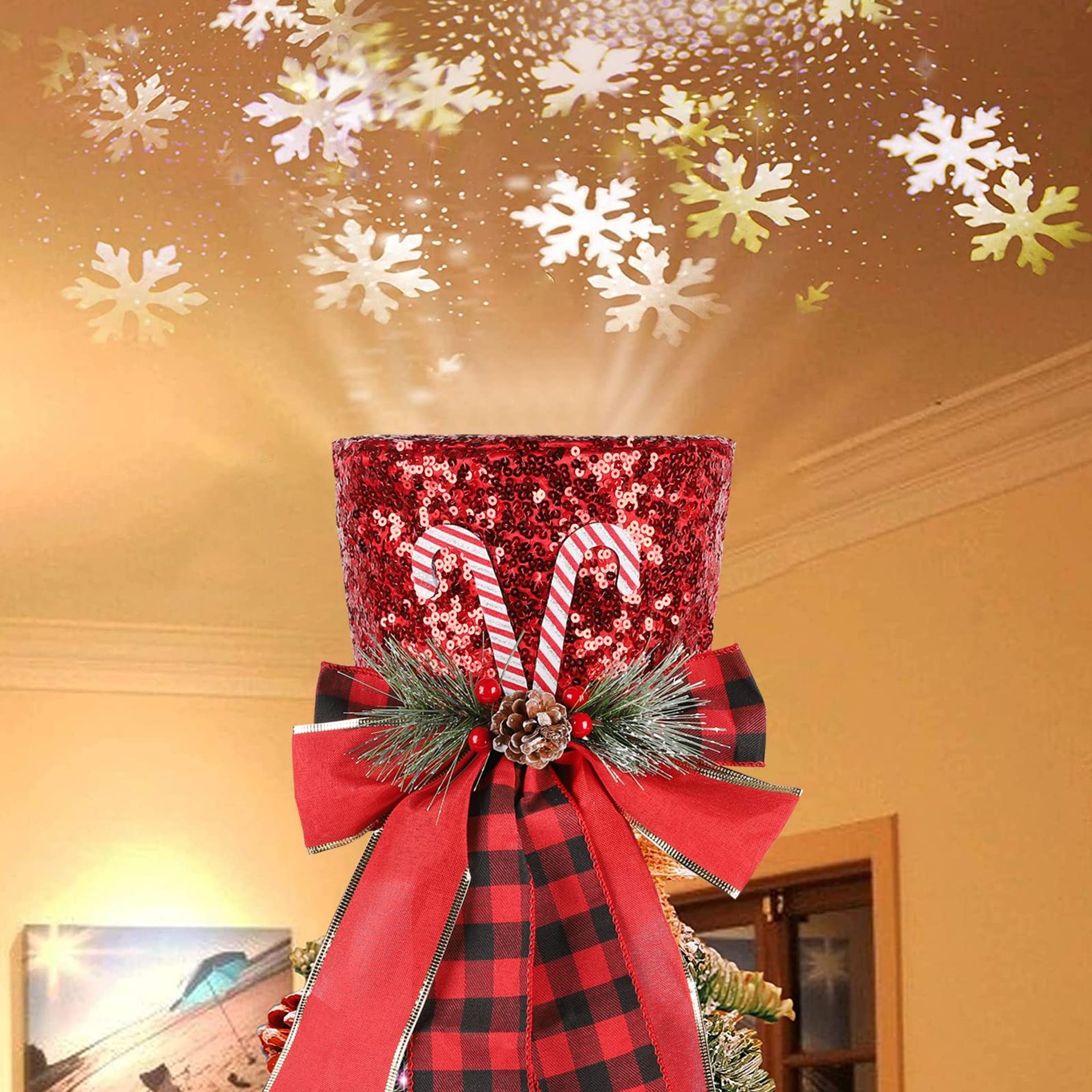 Christmas Tree Topper 3D LED Rotating Snowflake Projector Top Hat with Red Shiny Sequins for Festive Decoration - Red 1