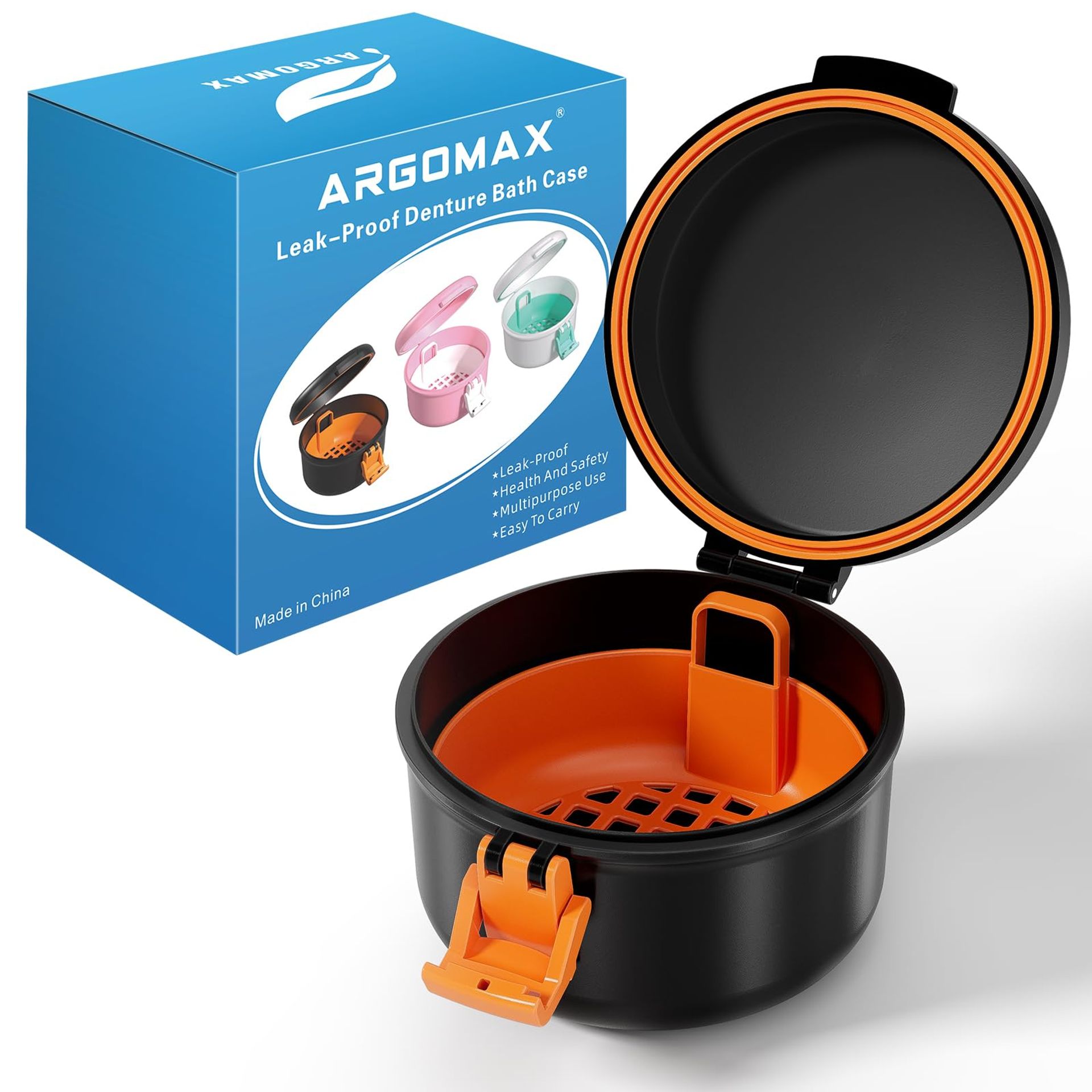 ARGOMAX Leak Proof Retainer Cleaner Case, Denture Cups for Soaking Dentures, Denture Travel Case.(Black + Orange).